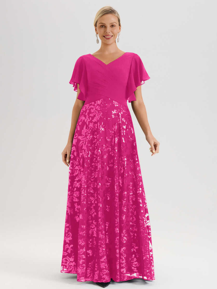 Cicinia Fuchsia Mother of The Groom Dress Long Chiffon Sequin Lace A-Line Flutter Sleeves Gorgeous Cicinia Fuchsia Mother of The Groom Dress Long Chiffon Sequin Lace A-Line Flutter Sleeves Gorgeous