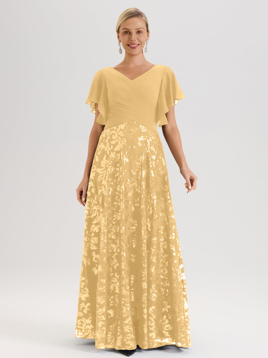 Cicinia Gold Mother Of The Bride Dress Long Chiffon Sequin Lace A-line Flutter Sleeves Gorgeous