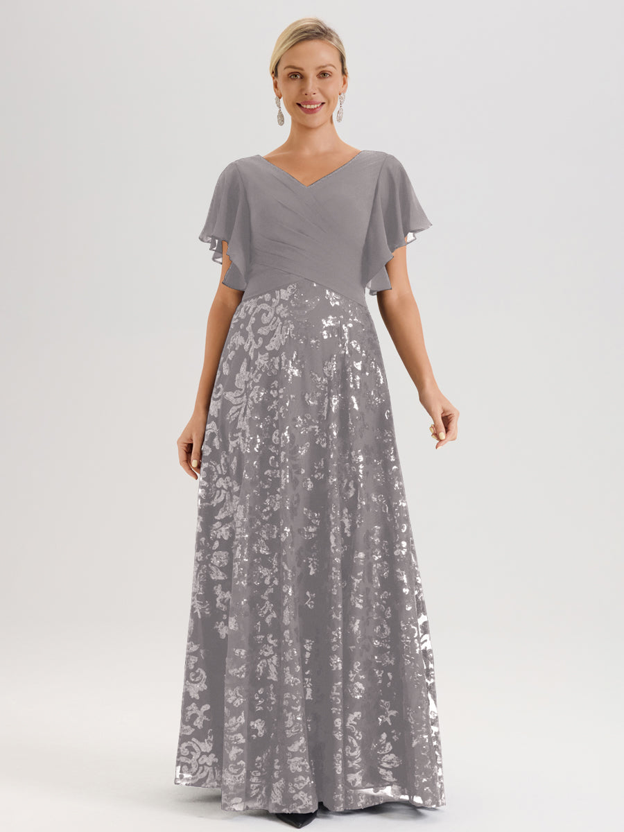 Cicinia Cinnamon Rose Mother Of The Groom Dress Long Chiffon Sequin Lace A-line Flutter Sleeves Gorgeous
