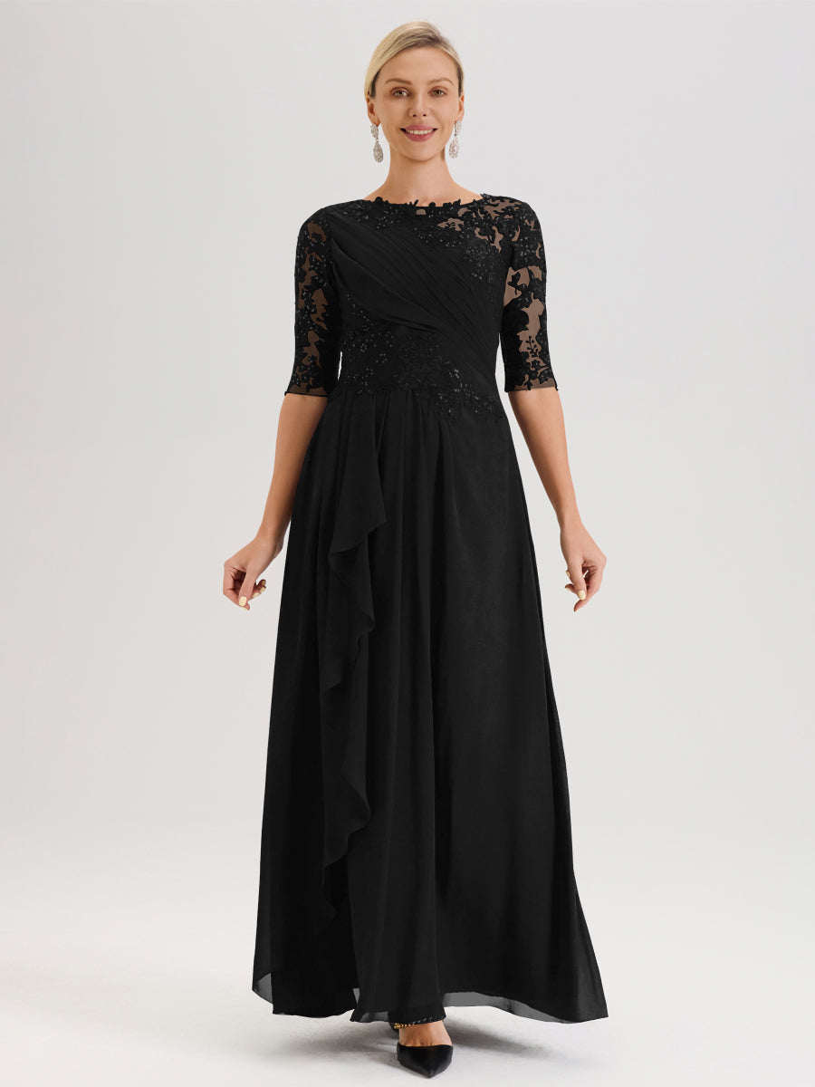 Cicinia Black Mother Of The Bride Dress Long Chiffon A-line Half Sleeves  Floor Length Sequined Lace
