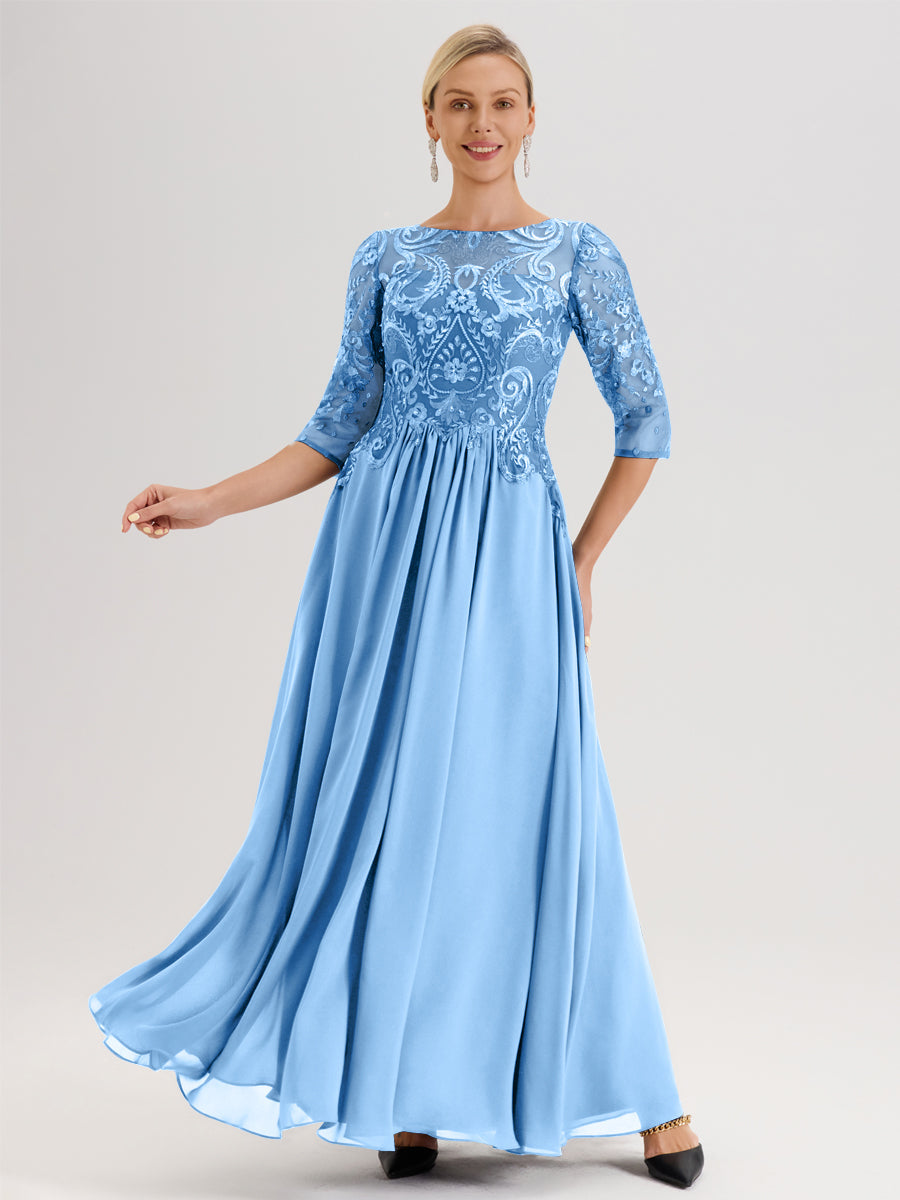 Cicinia Blue Mother Of The Bride Dress Long Chiffon Lace A-line Half S