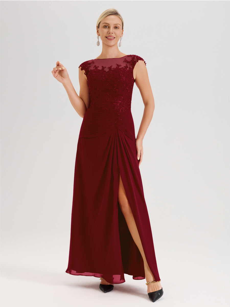 Cicinia Burgundy Mother Of The Bride Dress Long Chiffon Slit Appliques Lace A-line Beaded Floor Length