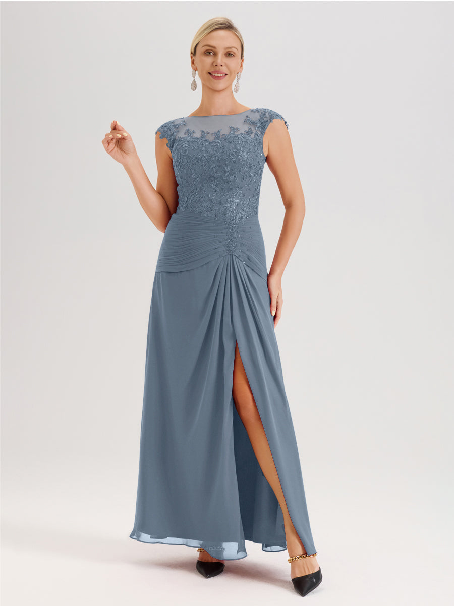 Cicinia Dusty Blue Mother Of The Groom Dress Long Chiffon Slit Appliqu
