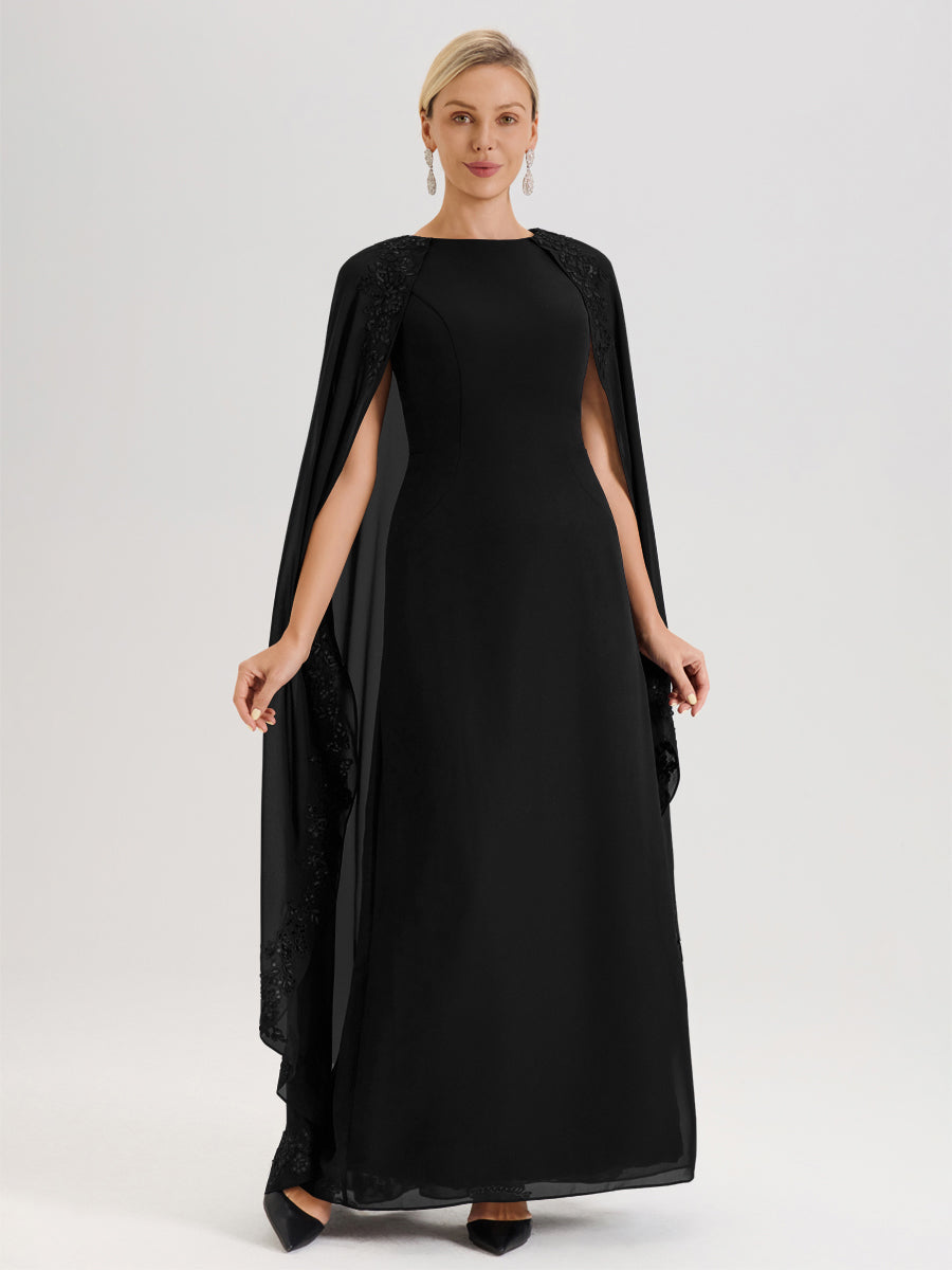 Cicinia Black Mother Of The Bride Dress Long Chiffon Sheath With Sequined  Lace Applique Cape
