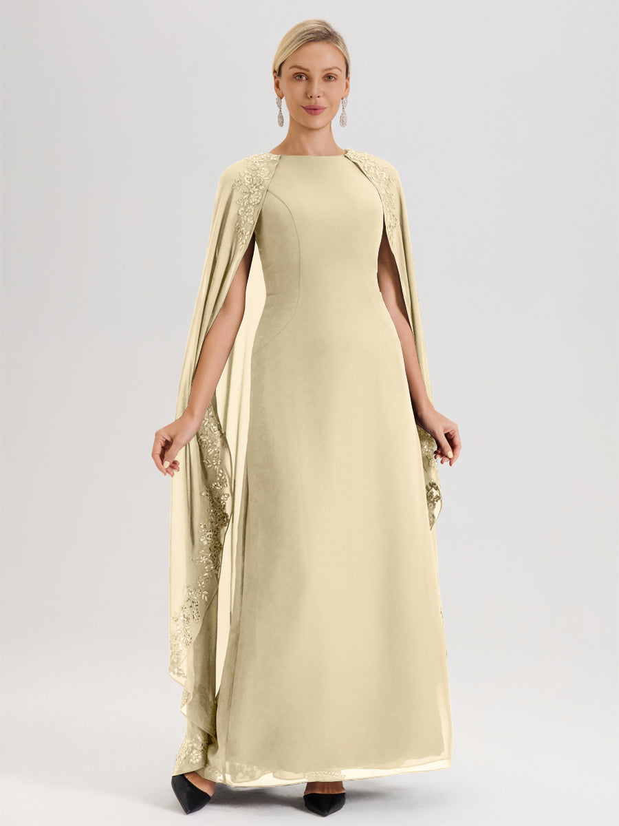 Cicinia Champagne Mother Of The Bride Dress Long Chiffon Sheath With Sequined Lace Applique Cape