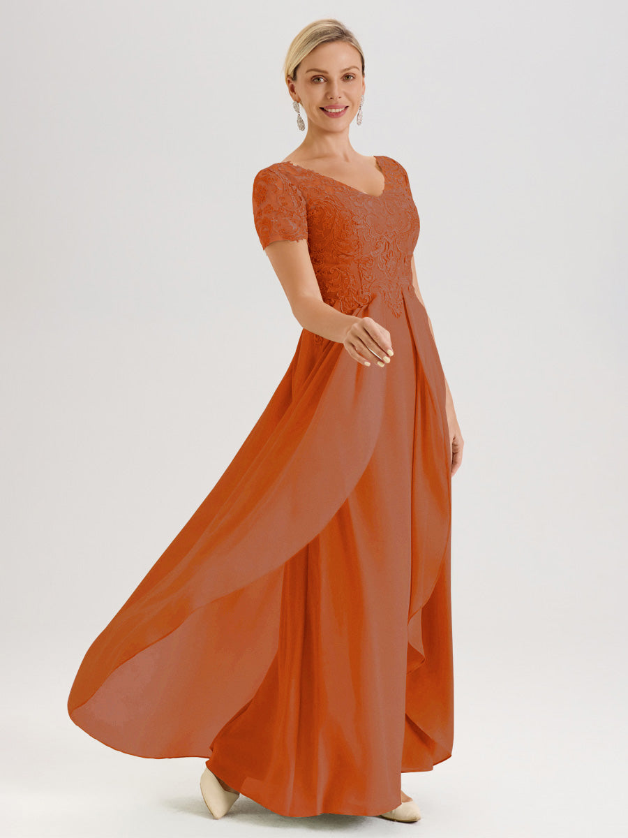 Cicinia Burnt Orange Mother Of The Bride Dress With Appliques Lace Long Satin Chiffon A-line Collared V-Neck main image 1