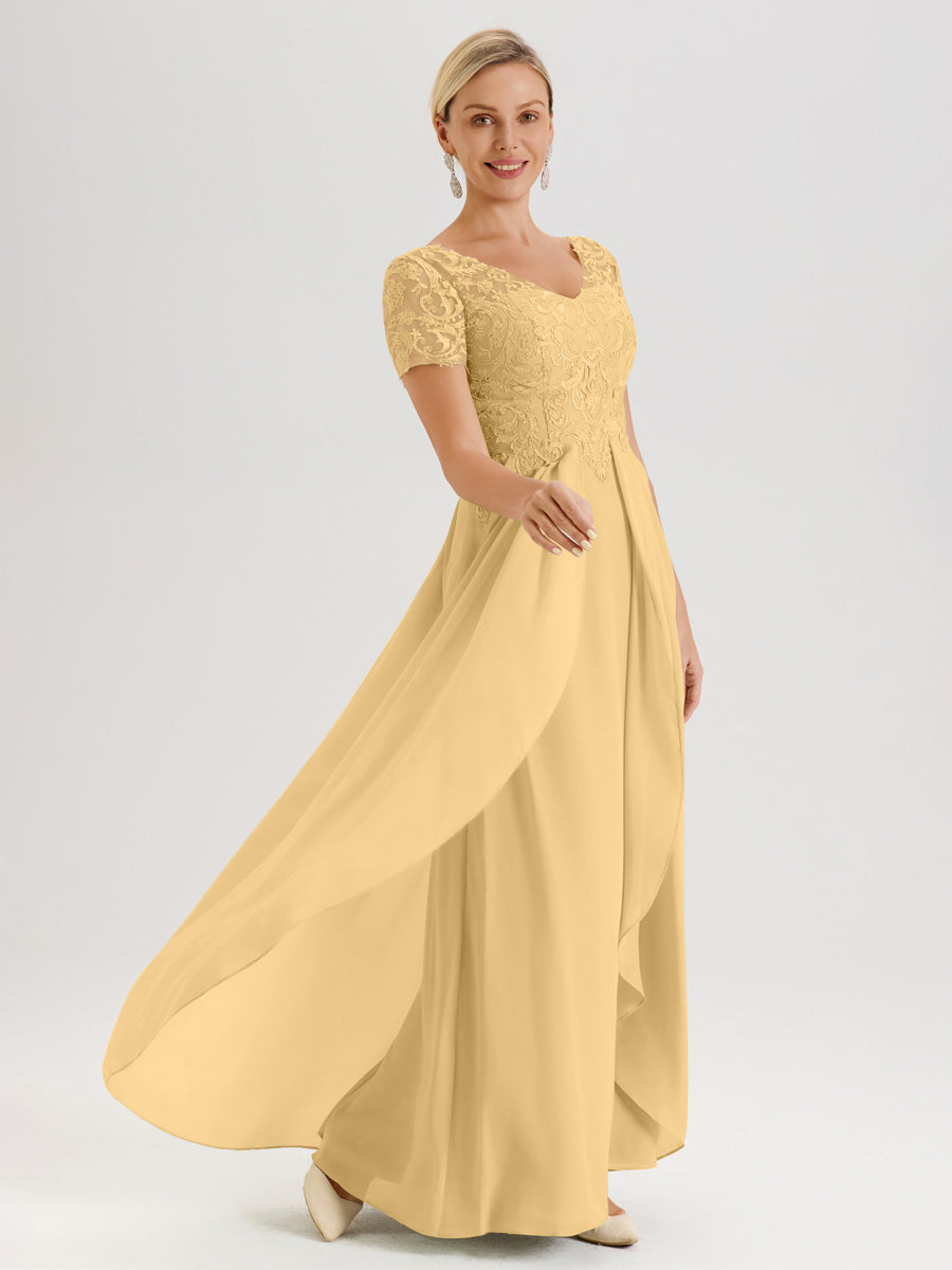 Cicinia Gold Mother Of The Groom Dress With Sleeves Long Chiffon Lace