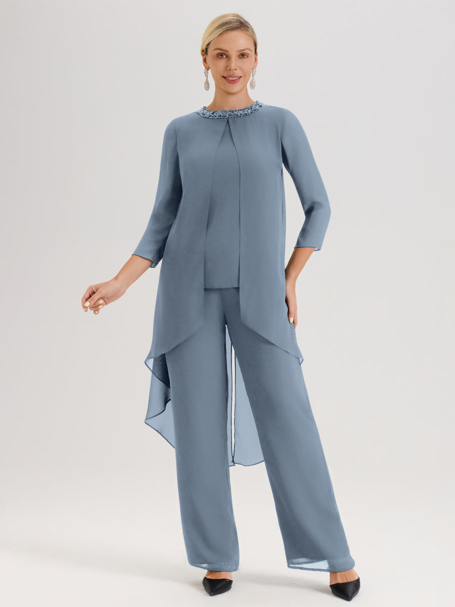 Cicinia Dusty Blue Mother Of The Groom Pant Suits For Wedding 2 Pieces Chiffon Beaded With Sleeves