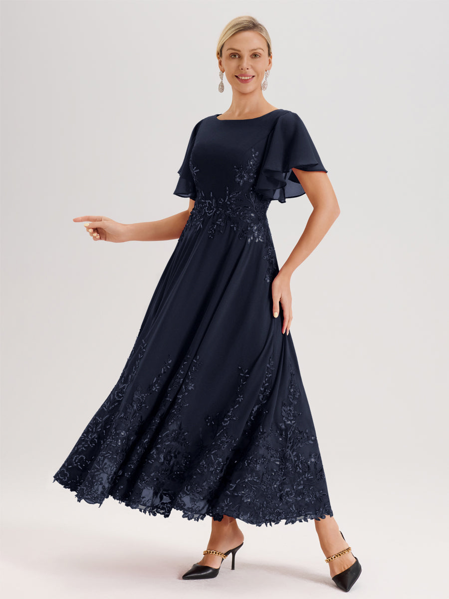 navy blue mob dresses Cicinia Dark Mother Of The Bride Dress Long Chiffon A-line Flutter Sleeves WIth Sequined Lace Hemline Shop Flora Kaftan Linen dress up Size:Large (12/14) Fitted through bodice and