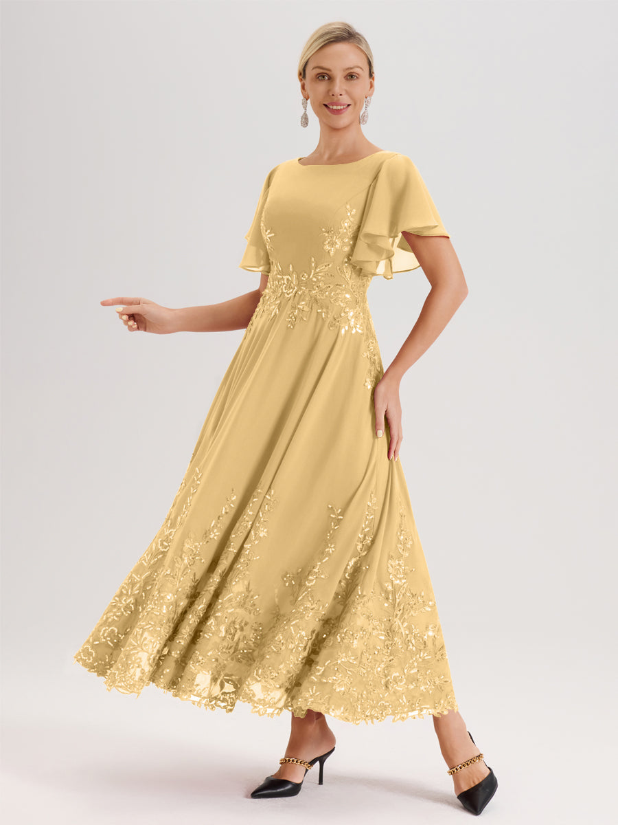 Cicinia Gold Mother Of The Bride Dress Long Chiffon A-line Flutter Sleeves WIth Sequined Lace Hemline