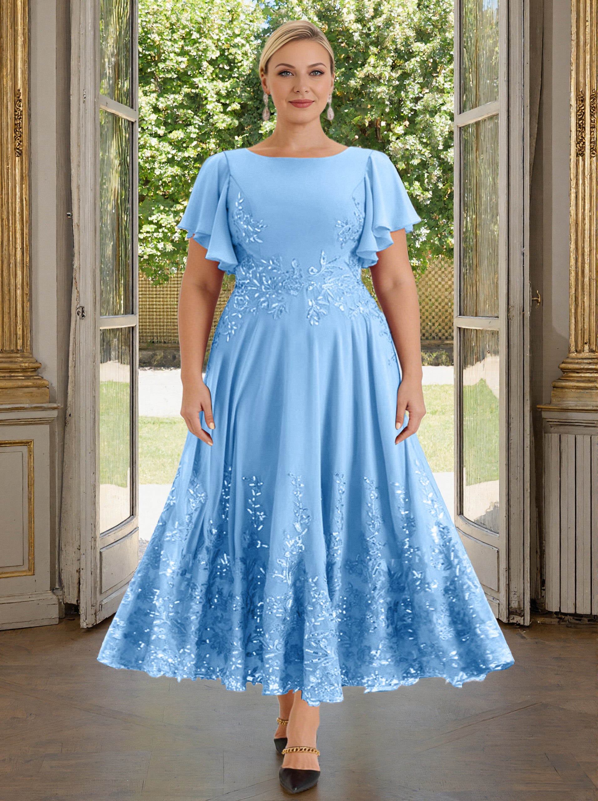 blue mother of the bride dress plus size Cicinia Long Lace Chiffon Ankle Length Flutter Sleeves SKI 2026 Size:XS (8 AU) influenced tulle mother of Two Piece Black Sequin