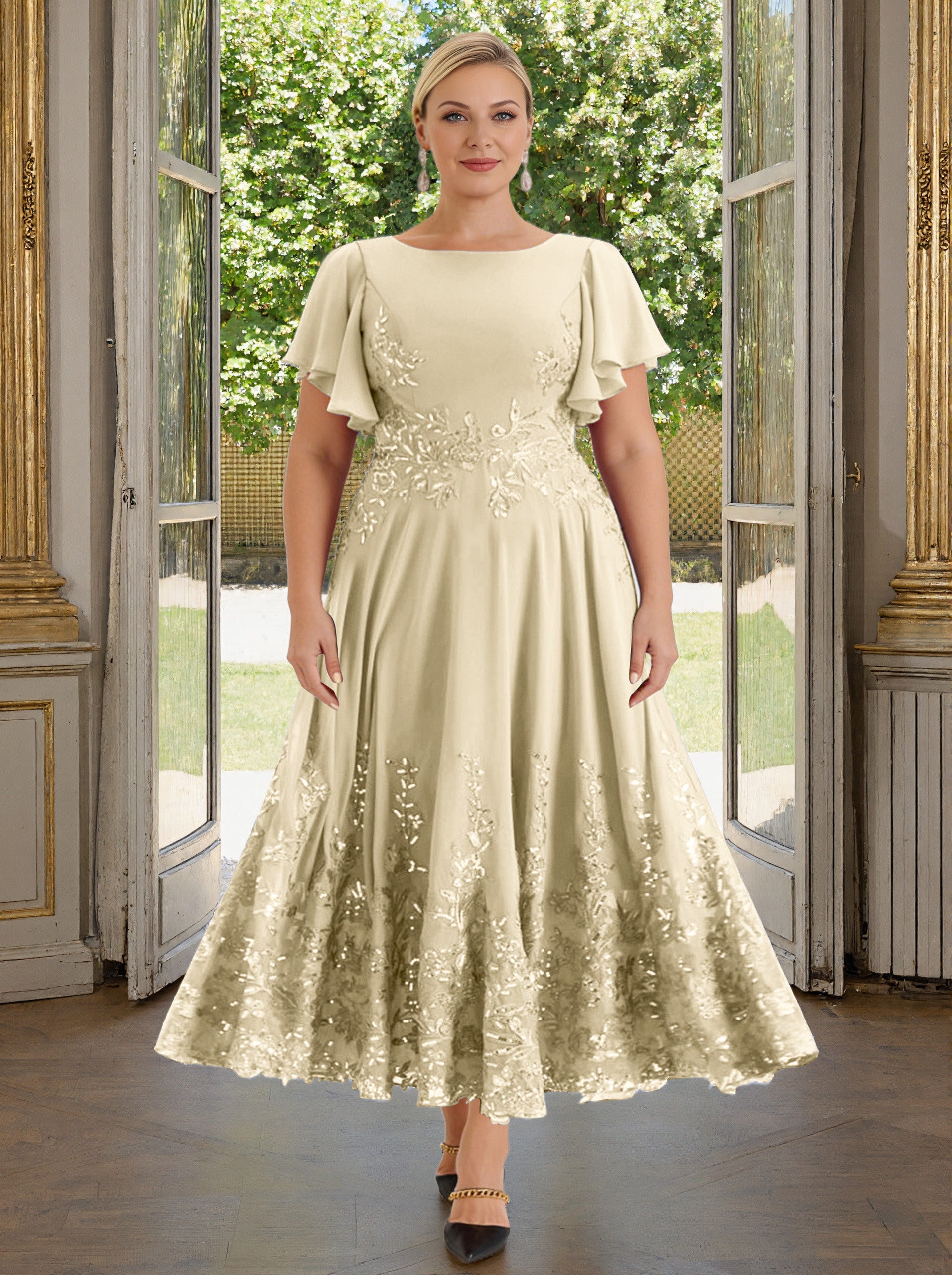 Cicinia Champagne Mother Of The Bride Dress Plus Size Long Lace Chiffon Ankle Length Flutter Sleeves
