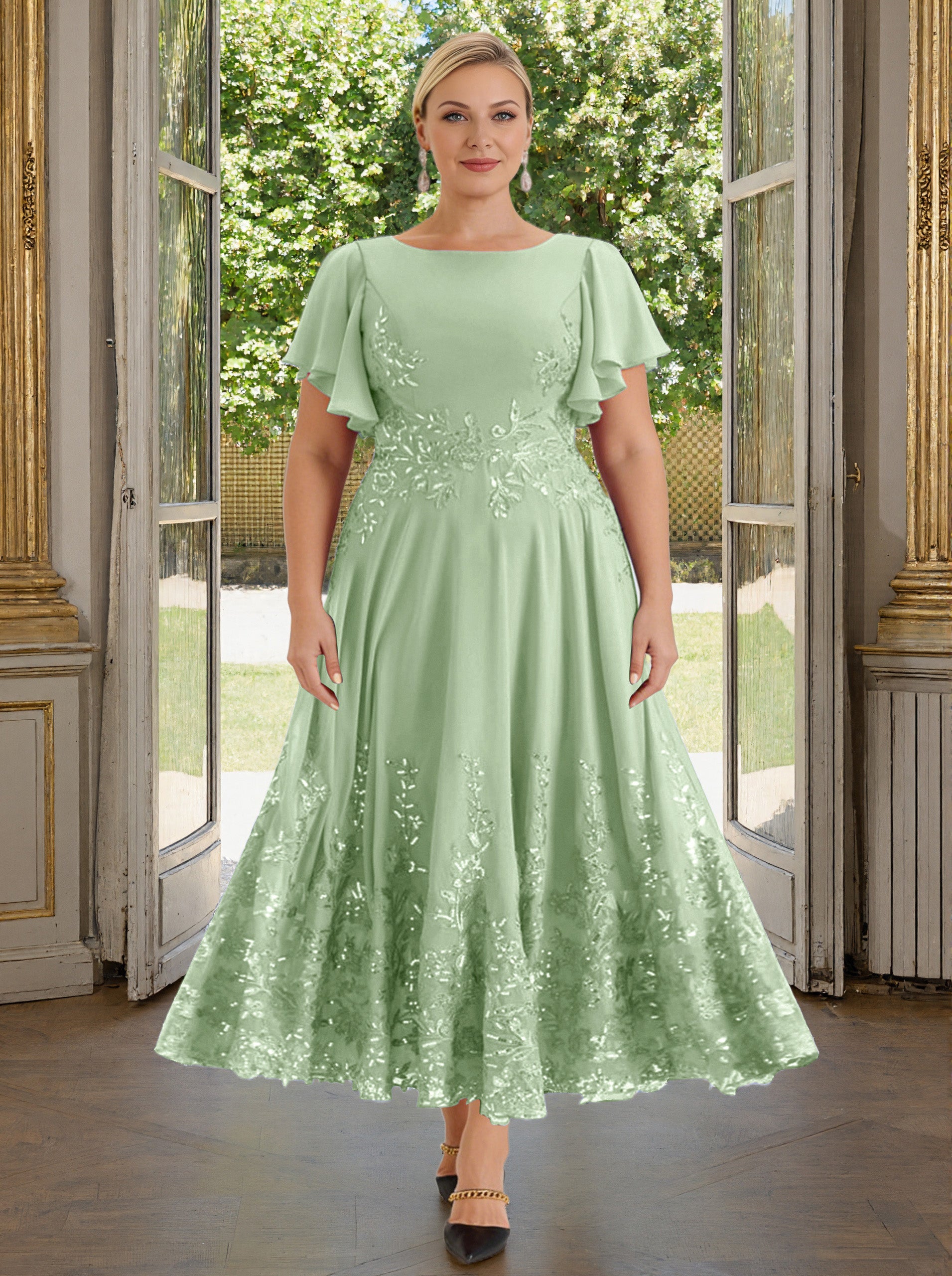 Cicinia Dusty Sage Mother Of The Bride Dress Plus Size Long Lace Chiffon Ankle Length Flutter Sleeves