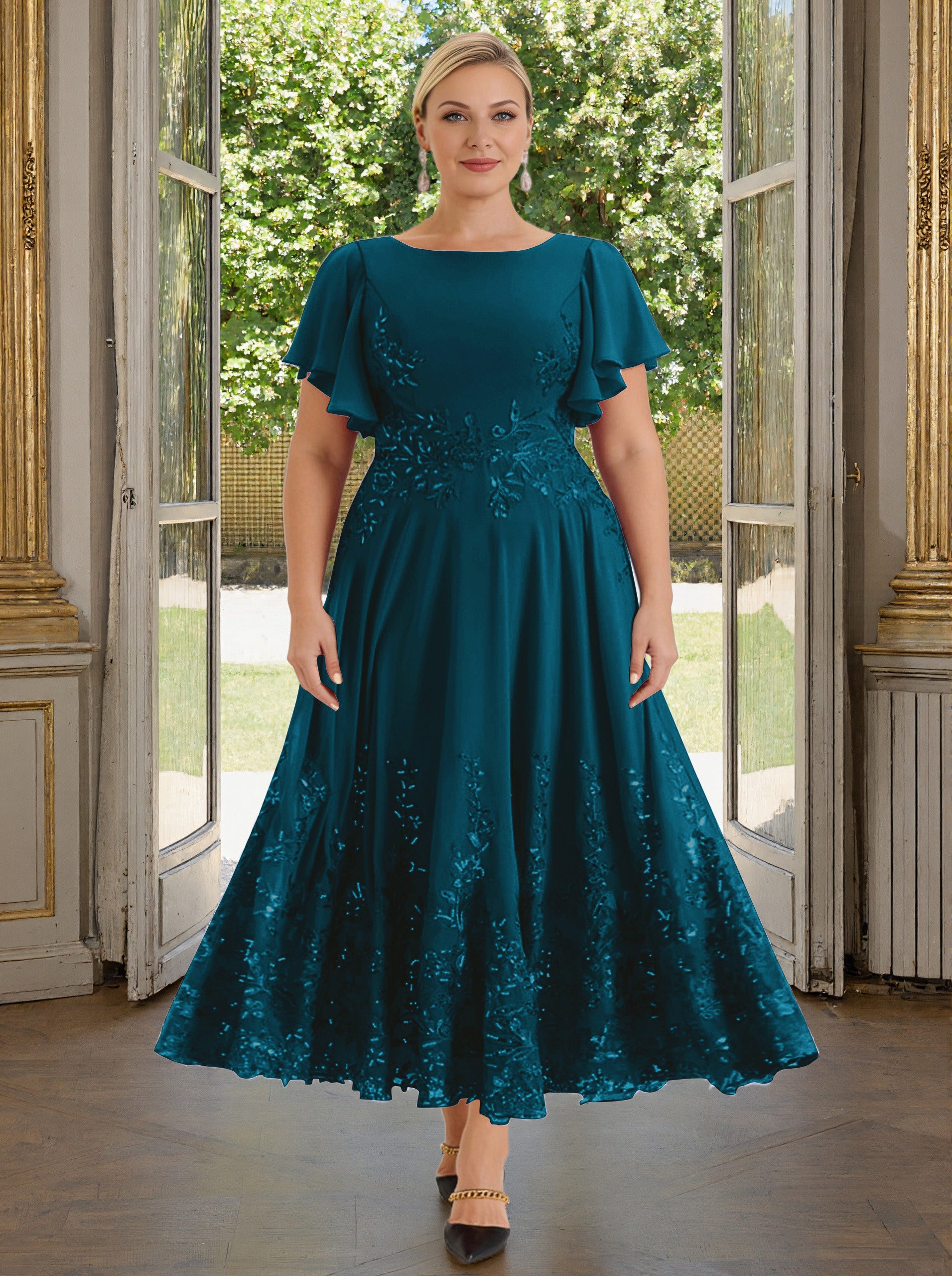 Cicinia Ink Blue Mother Of The Bride Dress Plus Size Long Lace Chiffon Ankle Length Flutter Sleeves
