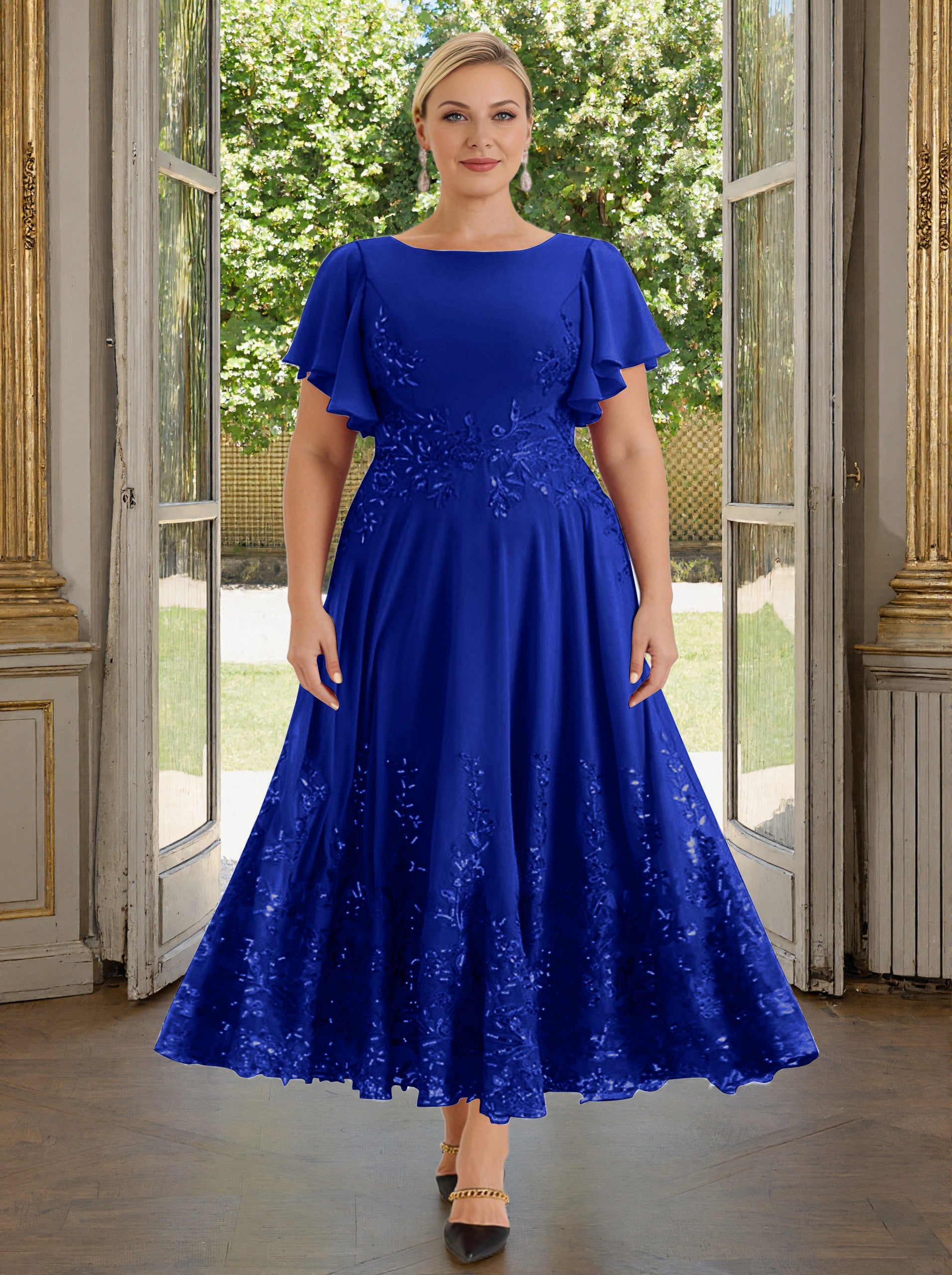 royal blue mother of the groom dresses Cicinia Dress Long Chiffon Lace A-line Tea Length Back Zip Sleeve Length Royal Blue Mother of the