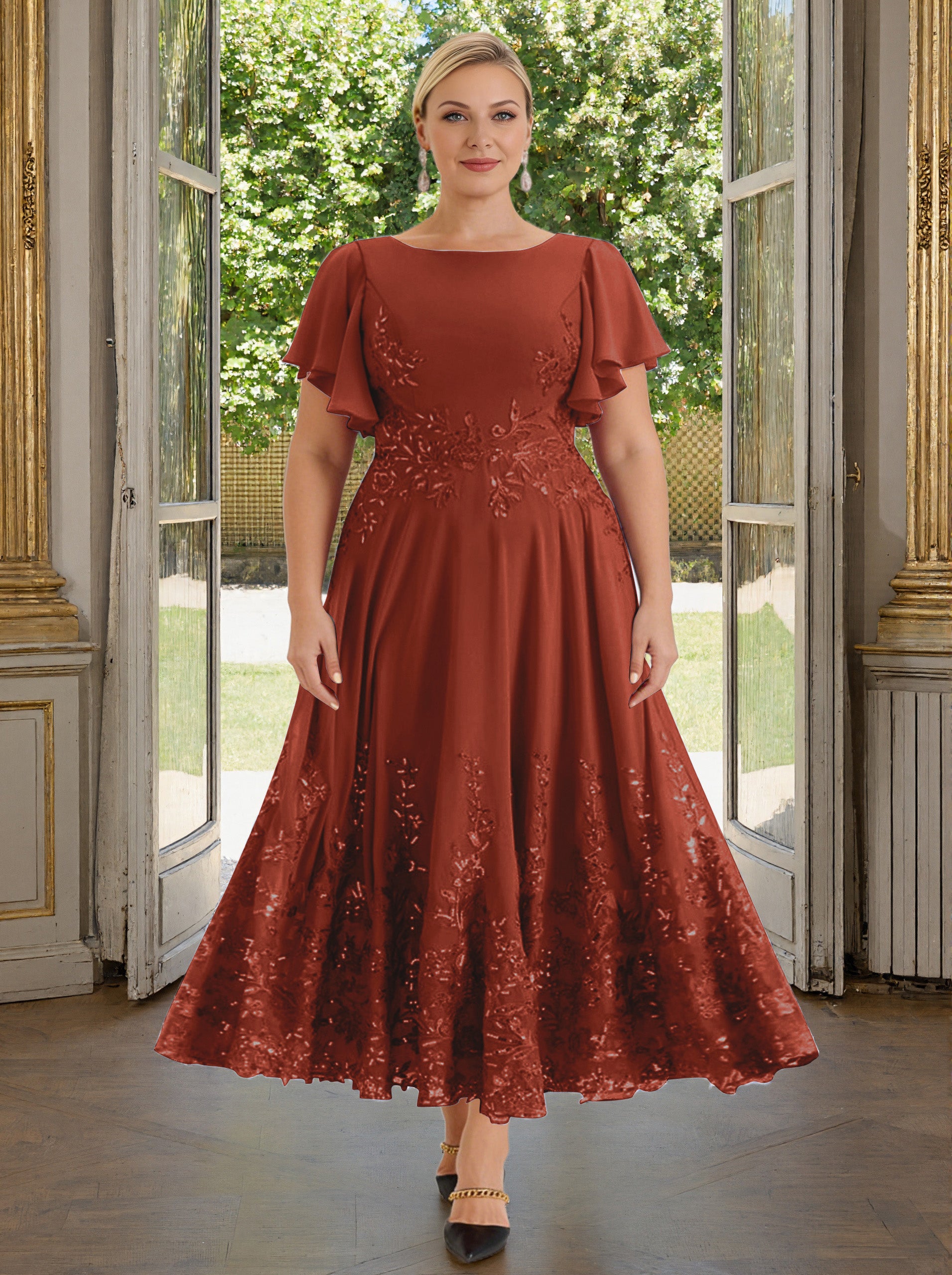 rust lace dress Cicinia Mother Of The Bride Plus Size Long Chiffon Ankle Length Flutter Sleeves Size:US 24Plus / UK 28 / EU 54 Camellia Sleek woven satin A-line Spaghetti Strap White
