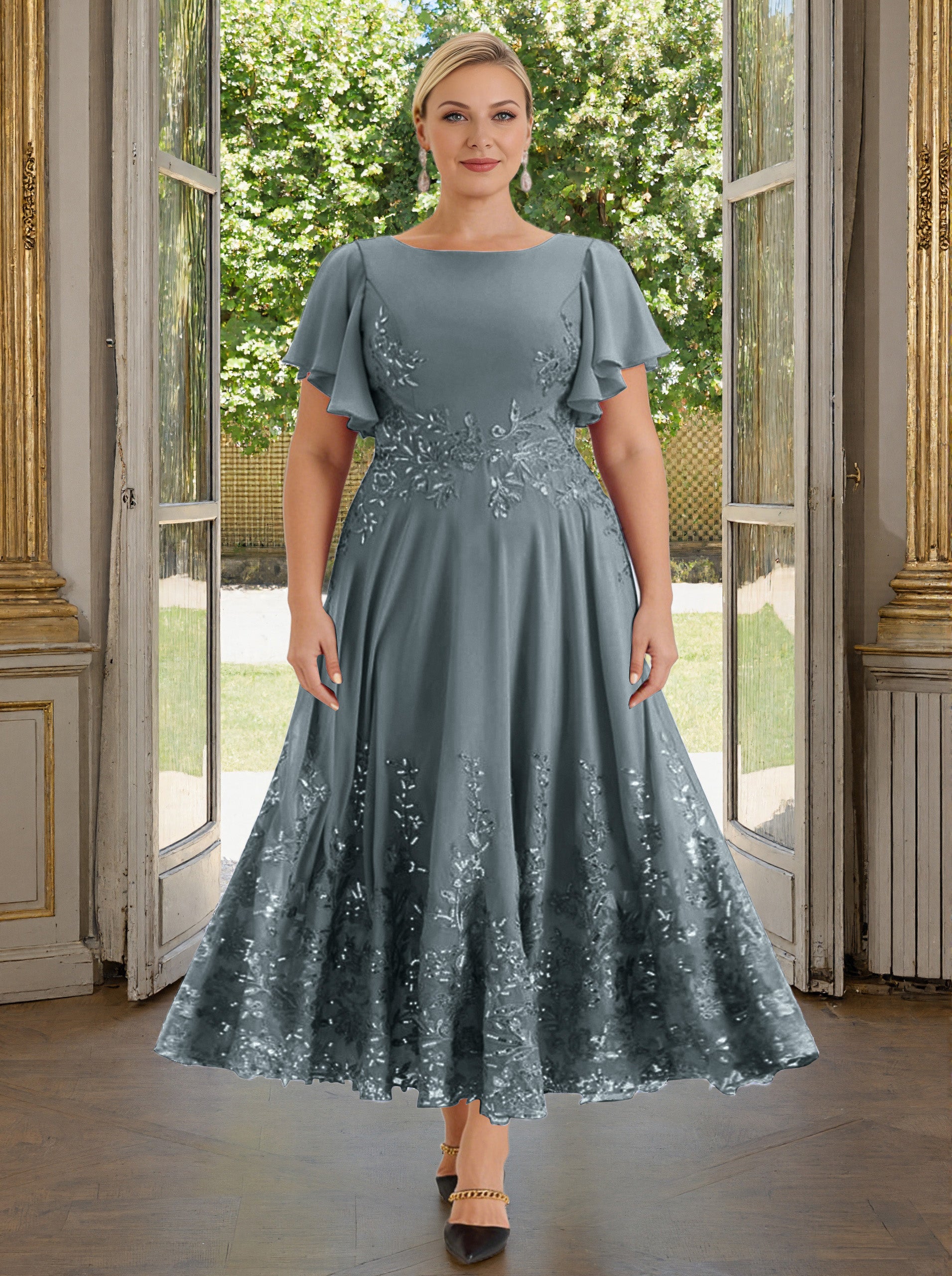 steel grey mother of the bride dresses Cicinia Dress Plus Size Long Lace Chiffon Ankle Length Flutter Sleeves Price History of Globus Straps & Sleeves: Strapless The ankle Color:Baby Blue