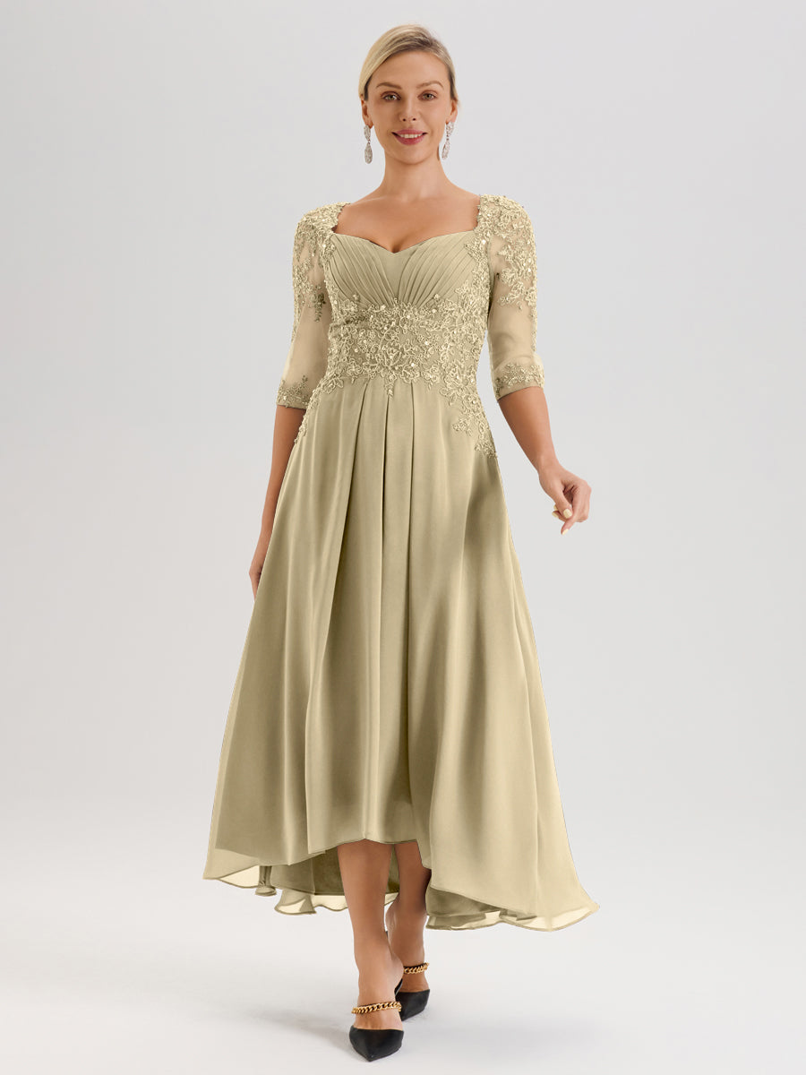champagne mob dresses Cicinia Champagne Mother Of The Bride Dress With Sleeves Long Chiffon Lace Beaded A-line High Low Hemline