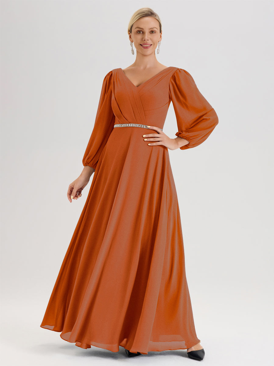Cicinia Burnt Orange Mother of The Bride Dress with Sleeves Long Chiffon A-Line V-Neck