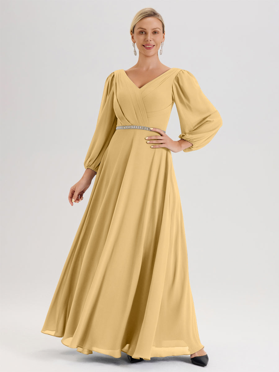 Cicinia Gold Mother Of The Bride Dress With Sleeves Long Chiffon A-line V-neck