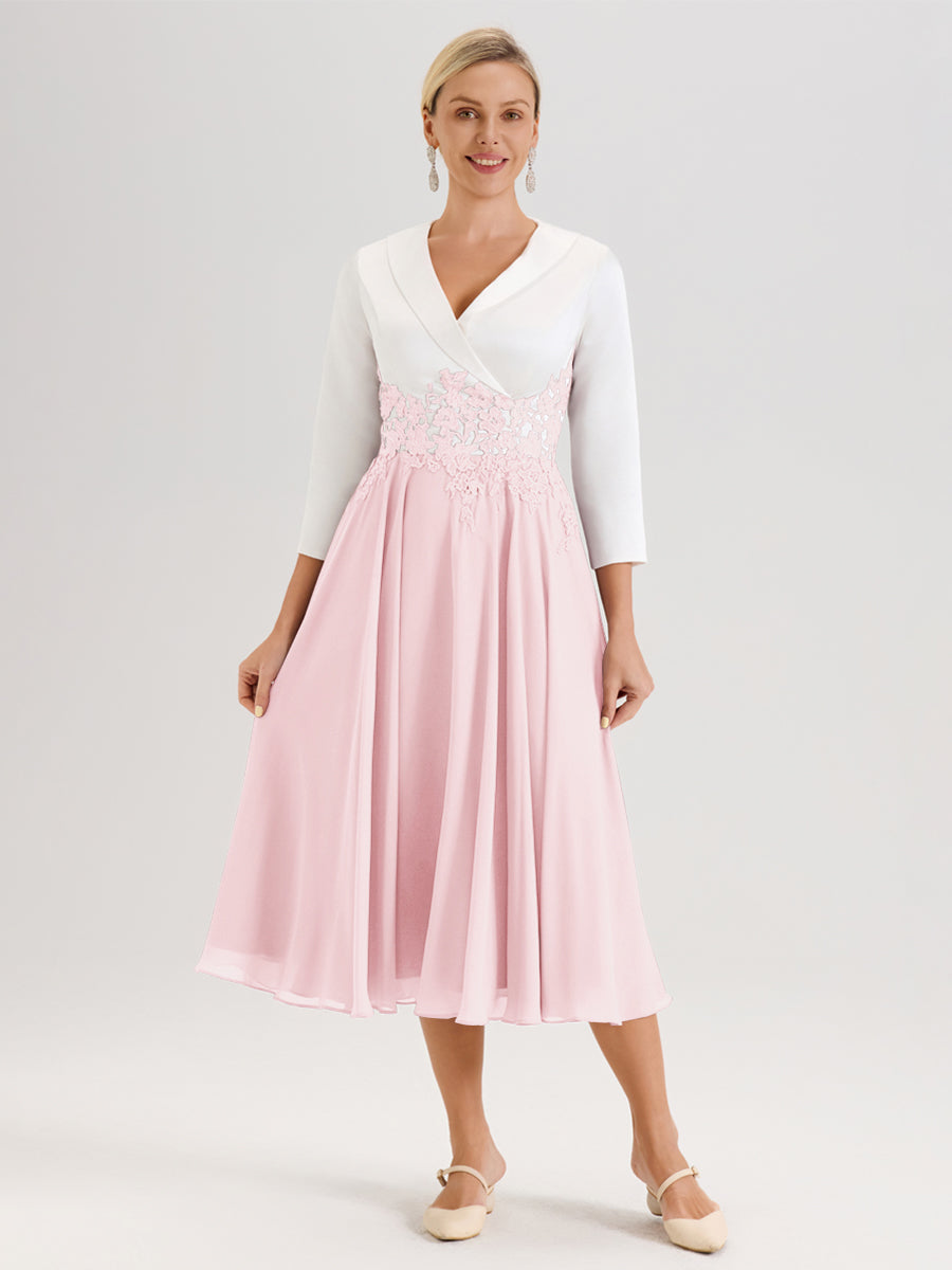 Cicinia Blushing Pink Mother Of The Groom Dress With Jacket Long Chiffon Lace A-line Tea Length Classy