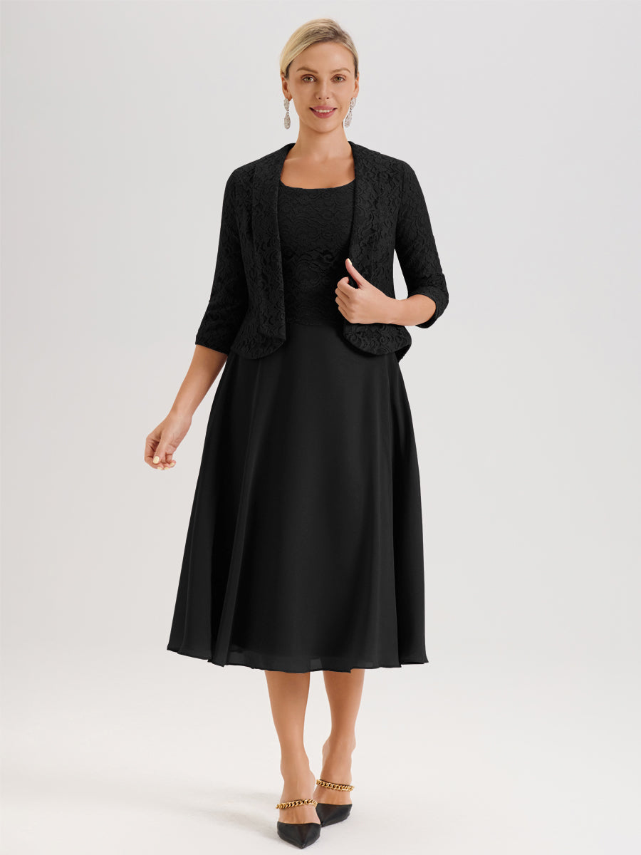 Cicinia Black Mother Of The Bride Dress With Jacket Long Chiffon Lace A-line Tea Length 2 Pieces