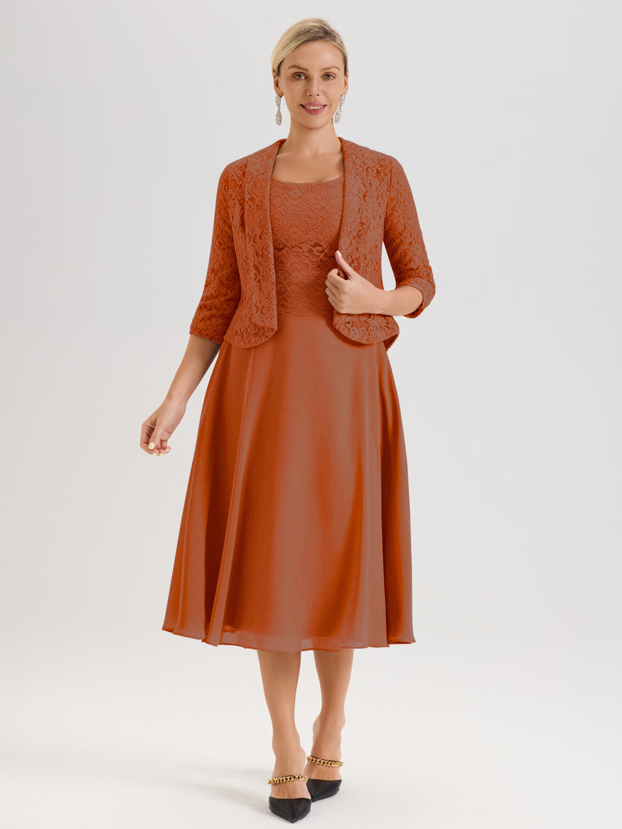 Cicinia Burnt Orange Mother Of The Bride Dress With Jacket Long Chiffon Lace A-line Tea Length Classy Cicinia Burnt Orange Mother Of The Bride Dress With Jacket Long Chiffon Lace A-line Tea Length Classy