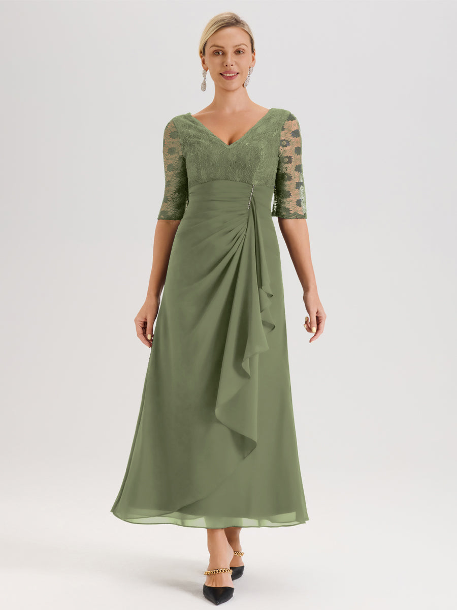 Cicinia Olive Green Mother Of The Bride Dress With Sleeves Long Chiffon Sequined Lace Ankle Length Elegant