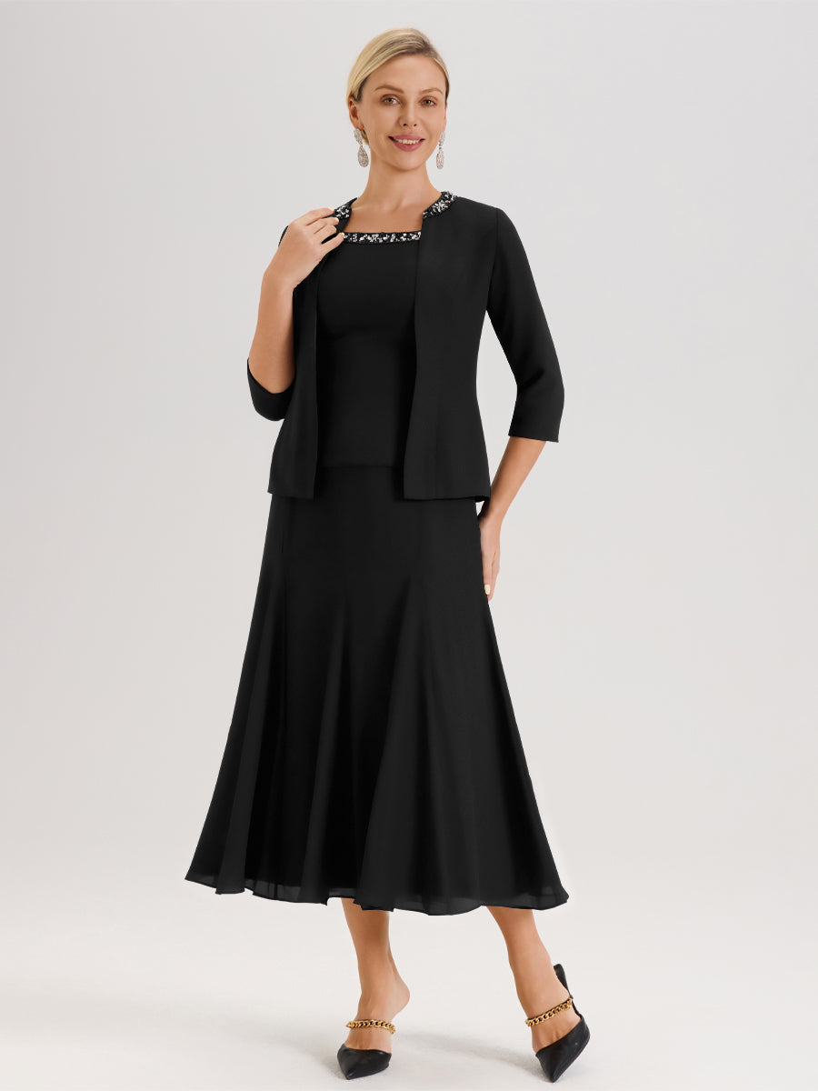 Cicinia Black Mother Of The Groom Dress With Jacket Separates 3 Pieces Long Chiffon Beaded Tea Length Cicinia Black Mother Of The Groom Dress With Jacket Separates 3 Pieces Long Chiffon Beaded Tea Length