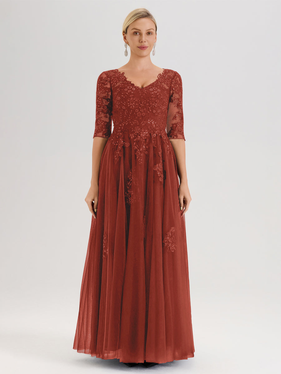 Cicinia Rust Mother of The Bride Dress Long Chiffon Tulle Appliques Lace V-Neck A-Line Floor Length