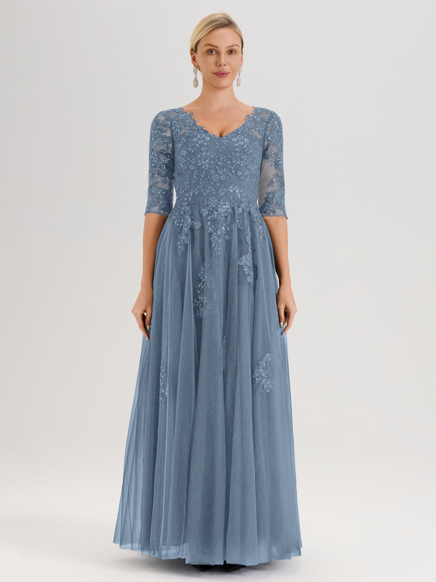Cicinia Slate Blue Mother Of The Bride Dress Long Chiffon Tulle Appliq