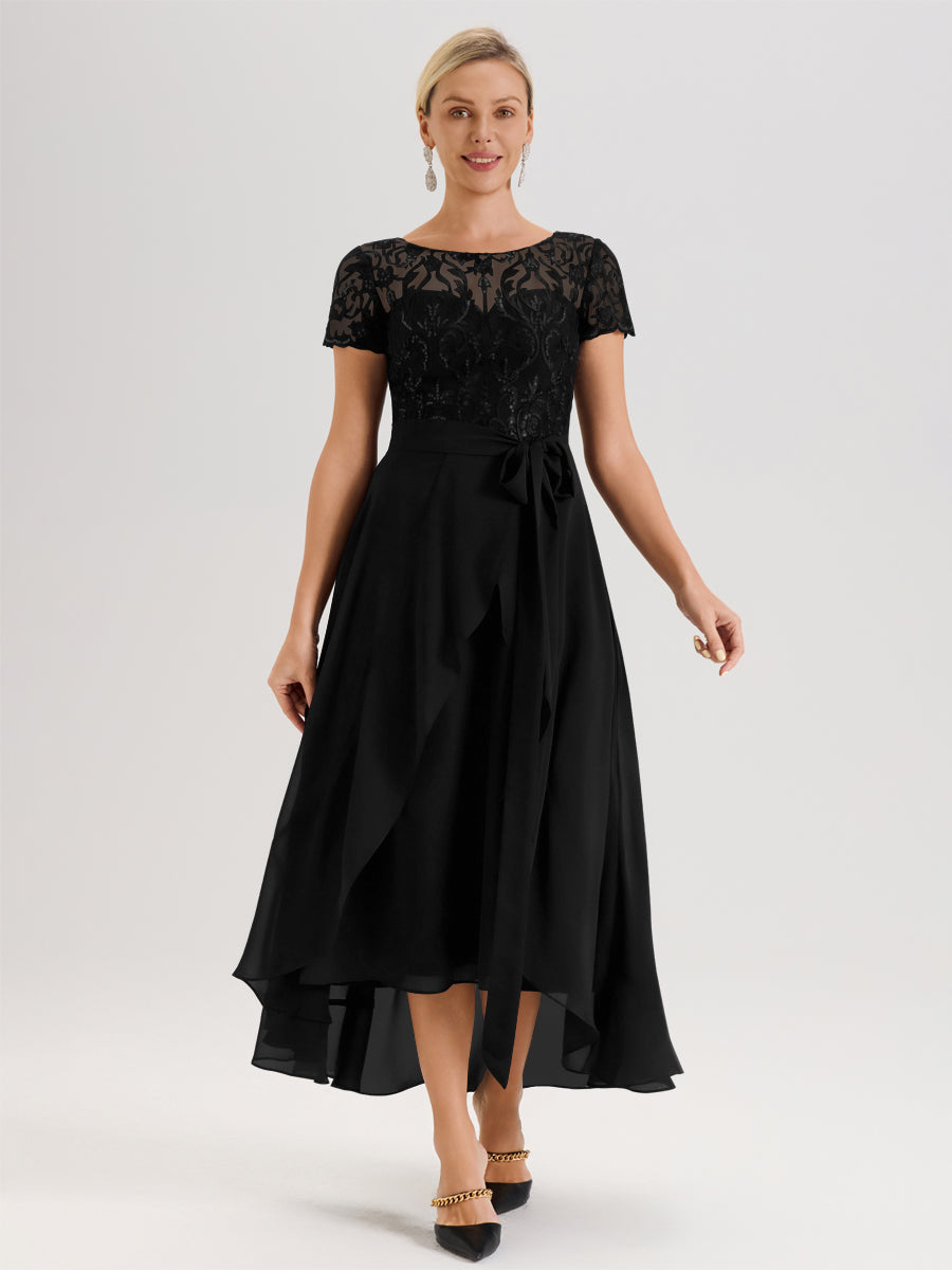 Cicinia Black Mother Of The Groom Dress Short Sleeves Long Chiffon Seq