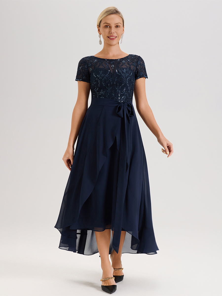 navy blue cocktail dresses for women Cicinia Dark Navy Mother Of The Bride Dress Short Sleeves Long Chiffon Sequined Lace Ankle Length High Low Hemline