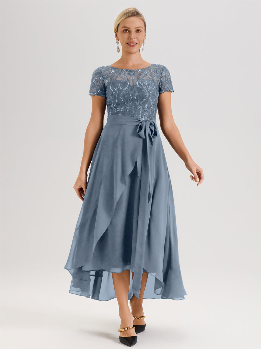 Cicinia Dusty Blue Mother Of The Groom Dress Short Sleeves Long Chiffo