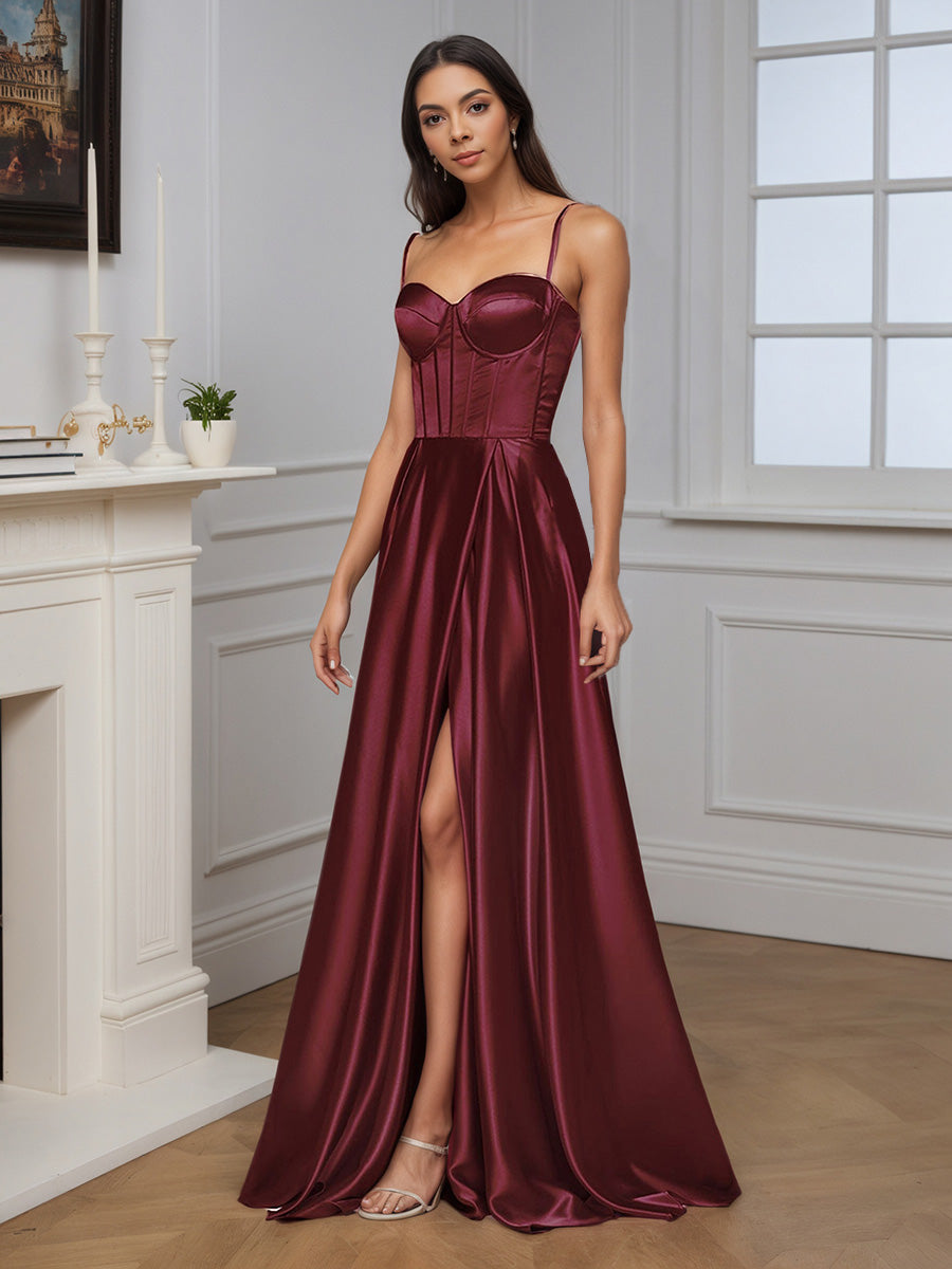 Cicinia Cabernet Prom Dresses Long Soft Satin Slit A-Line Evening Dress