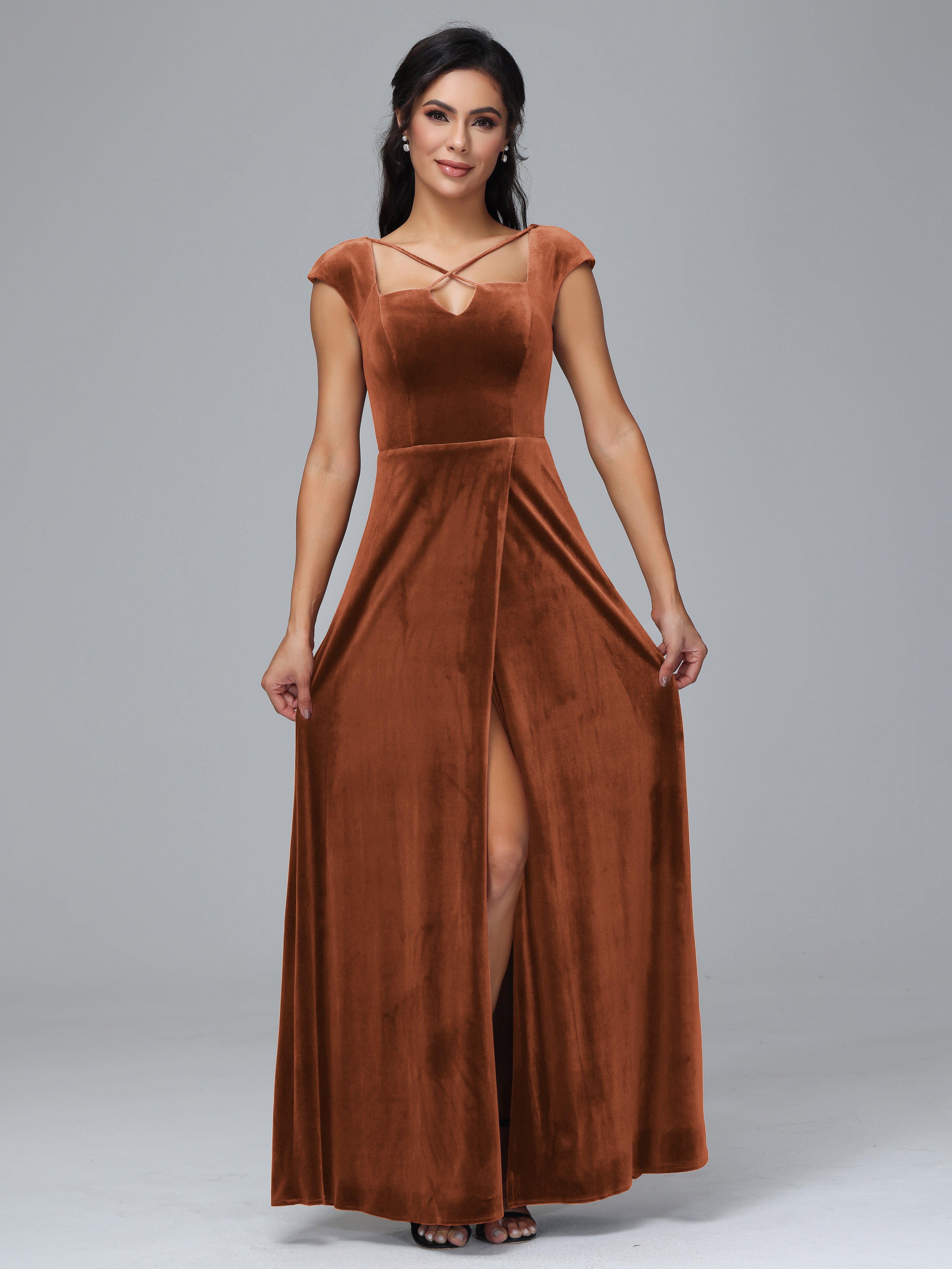 Cap Sleeves Velvet Plus Size Bridesmaid Dress With Slit, Burnt_Orange Cap Sleeves Velvet Plus Size Bridesmaid Dress With Slit, Burnt_Orange