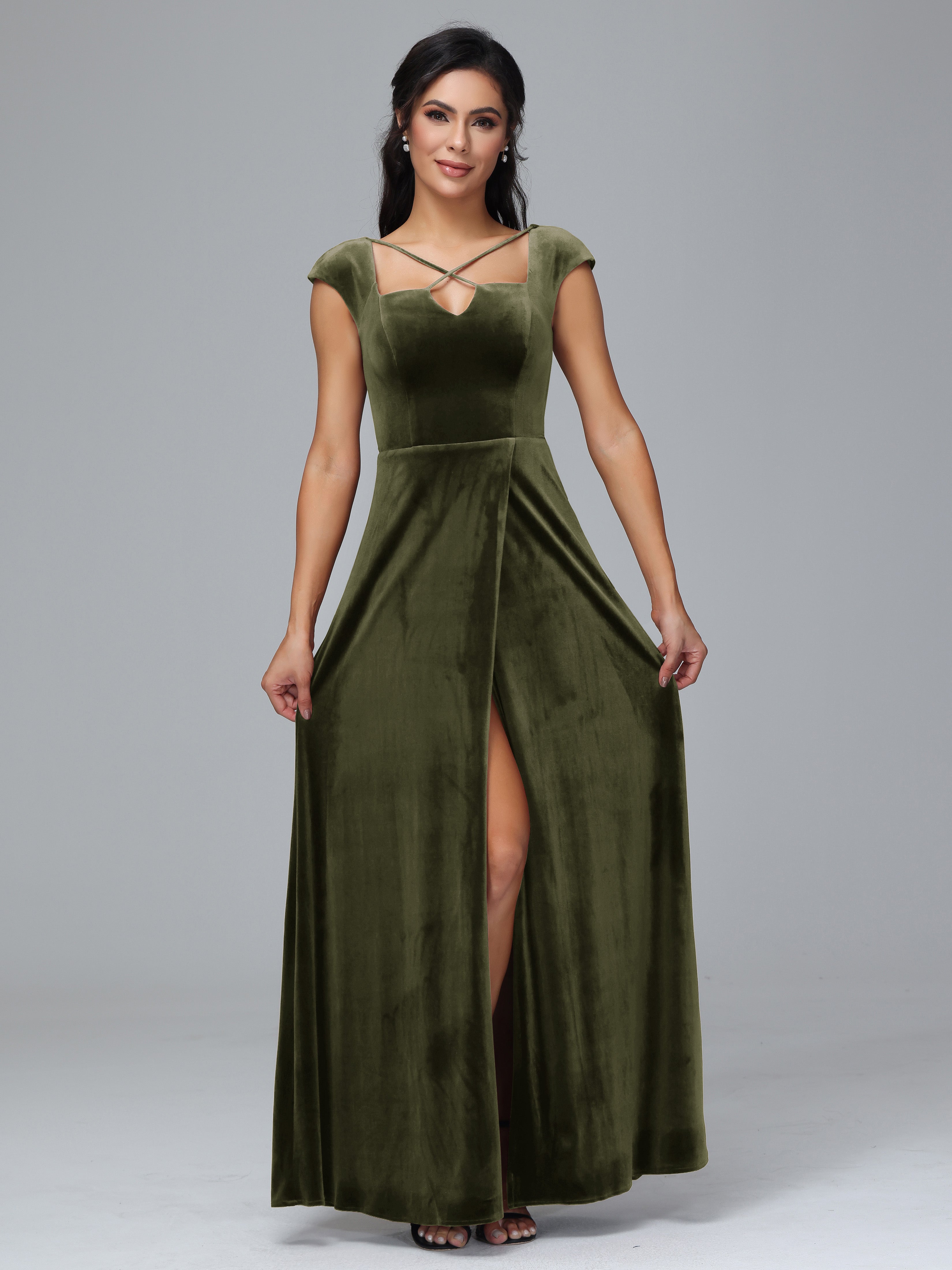 Cap Sleeves Velvet Bridesmaid Dress With Slit, Dark_Olive_Green Cap Sleeves Velvet Bridesmaid Dress With Slit, Dark_Olive_Green