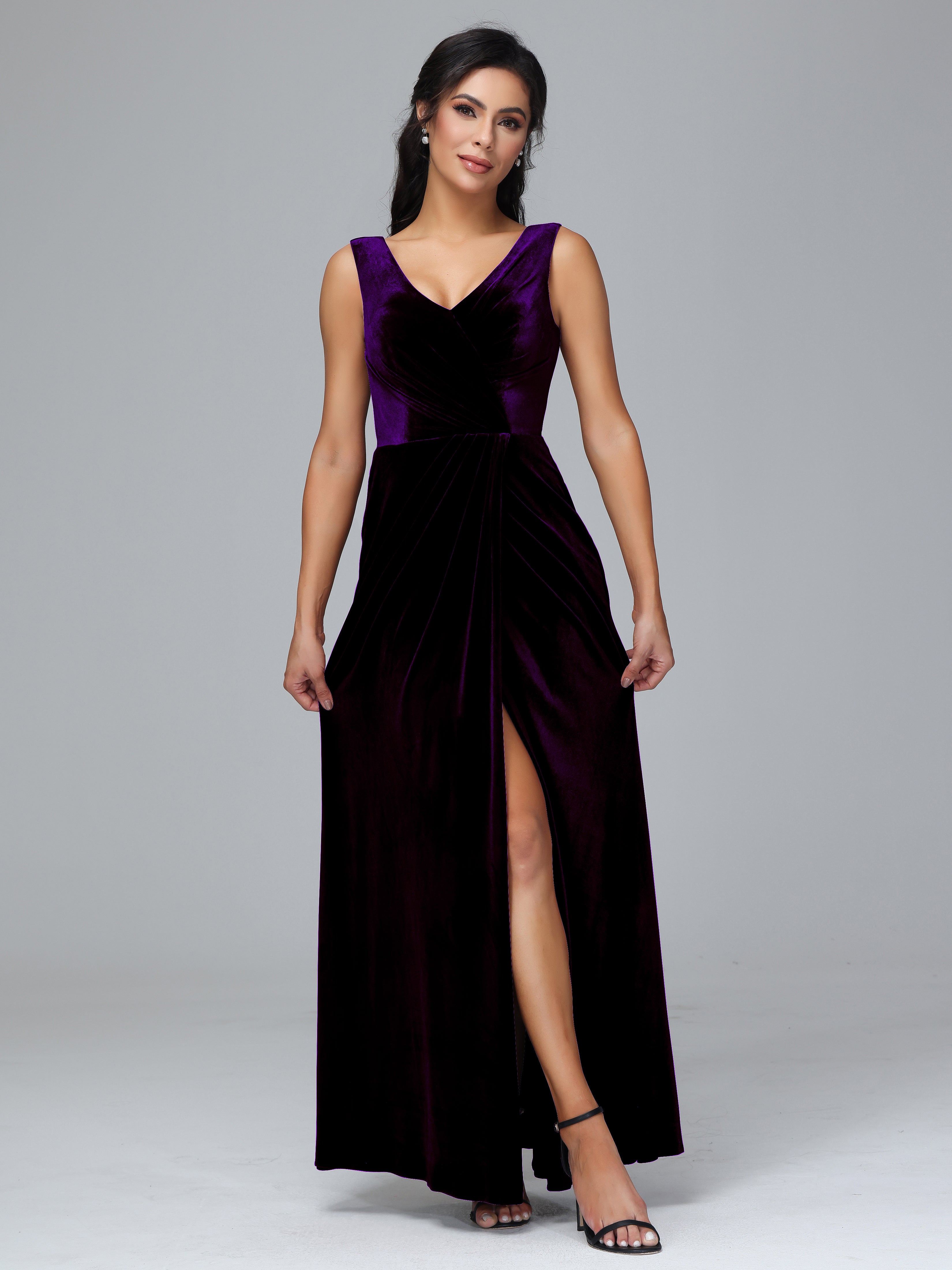 V Neck Velvet Plus Size Bridesmaid Dress With Slit, Grape V Neck Velvet Plus Size Bridesmaid Dress With Slit, Grape