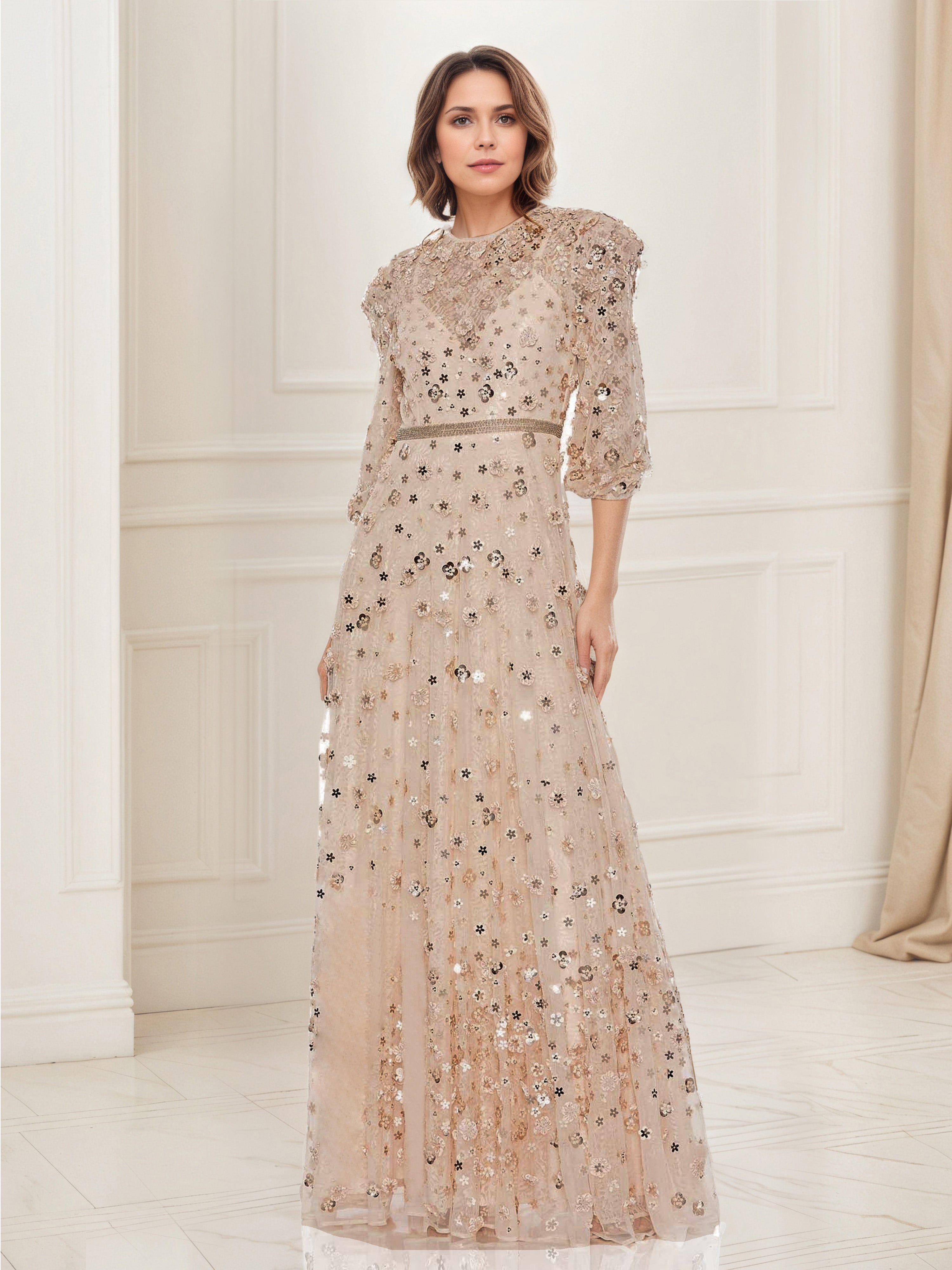 Champagne Women's Dress Floral Appliques 3/4 Sleeve A-Line Mother Of Bride Dress Champagne Women's Dress Floral Appliques 3/4 Sleeve A-Line Mother Of Bride Dress
