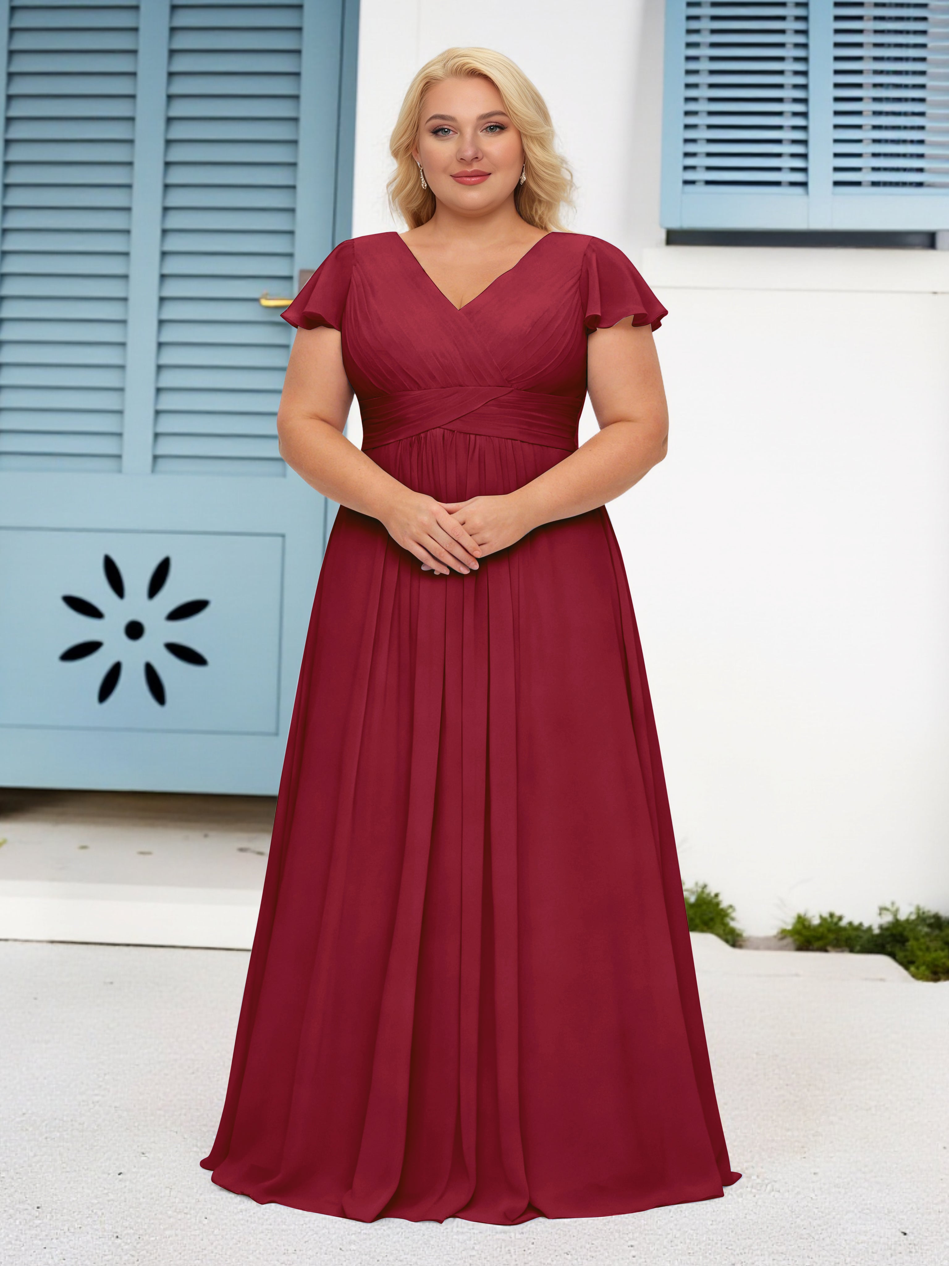 chiffon burgundy maxi dress Cicinia Burgundy Long Mother Of The Bride Dress Chiffon A-line Plus Size V-neck Pleats Cap Sleeves Floor Length