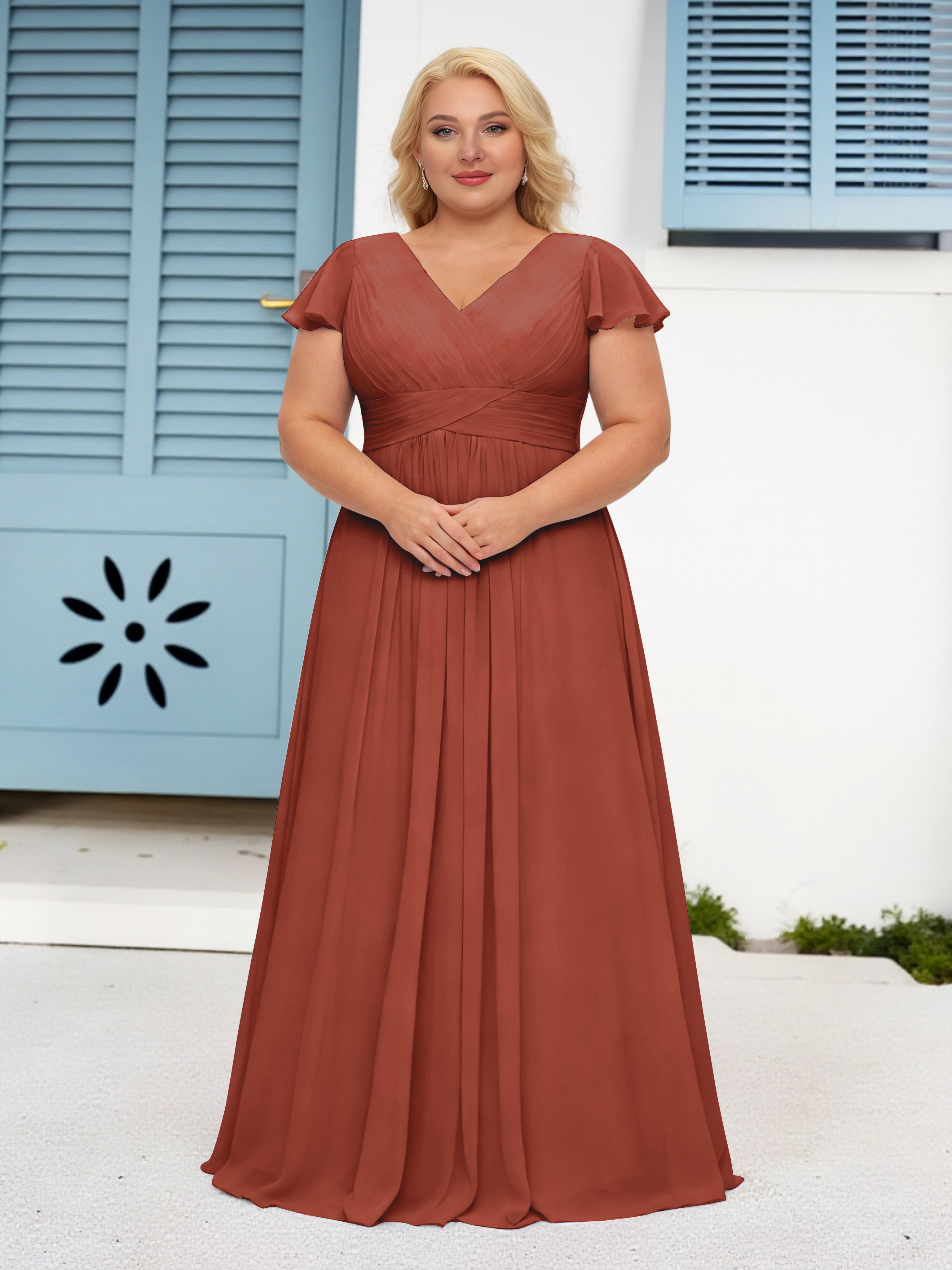 A-line V Neck Mother of the Bride Dresses, Rust