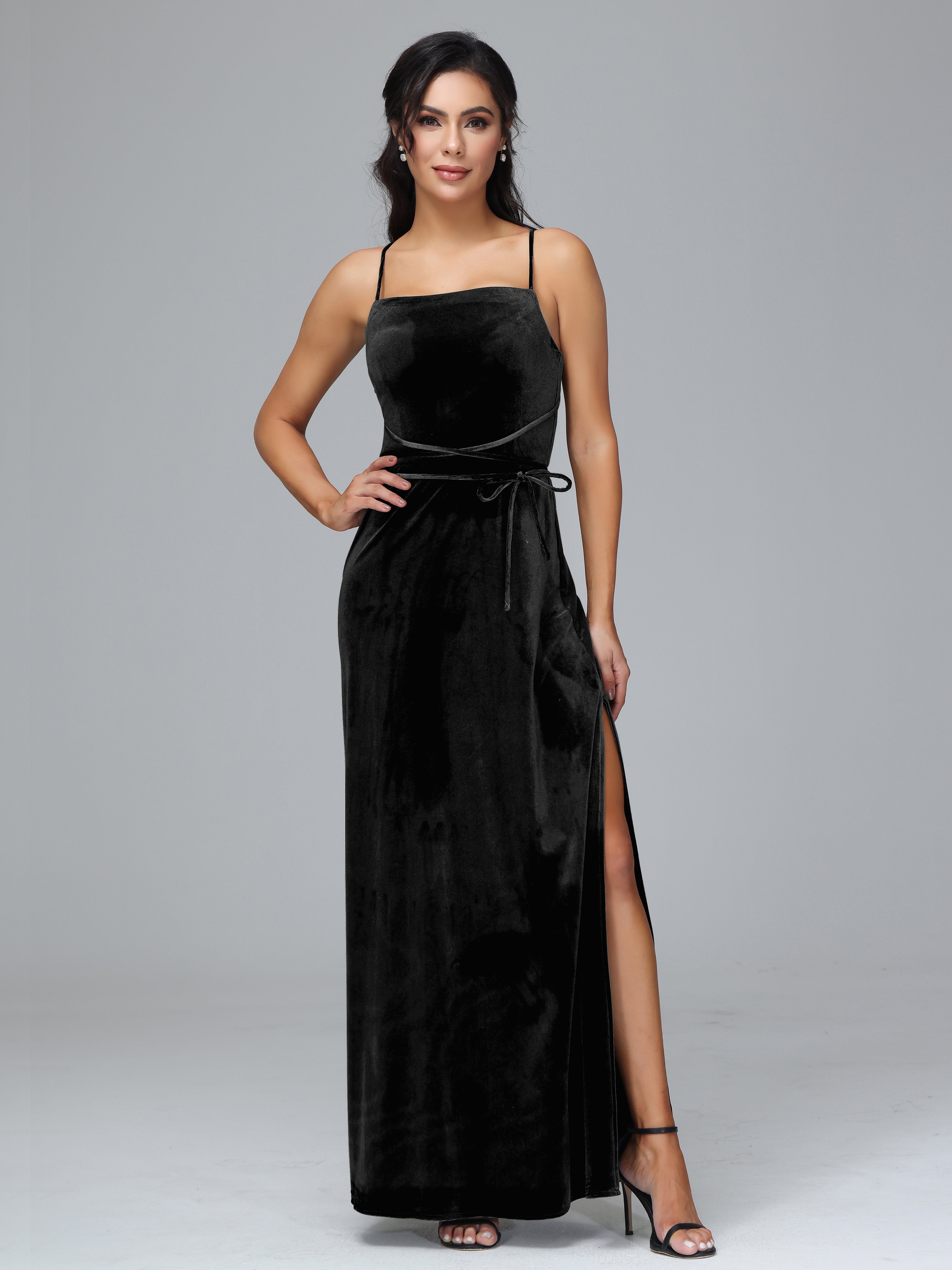 Spaghetti Straps Plus Size Velvet Bridesmaid Dress With Slit Spaghetti Straps Plus Size Velvet Bridesmaid Dress With Slit