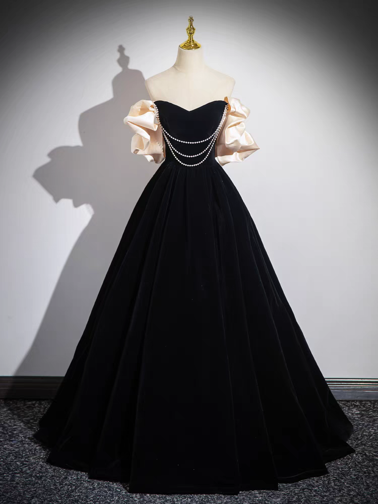 Chic A-Line Pearl Velvet Prom Dress Removable Puffy Short Sleeves Quinceanera Dress, Black Chic A-Line Pearl Velvet Prom Dress Removable Puffy Short Sleeves Quinceanera Dress, Black