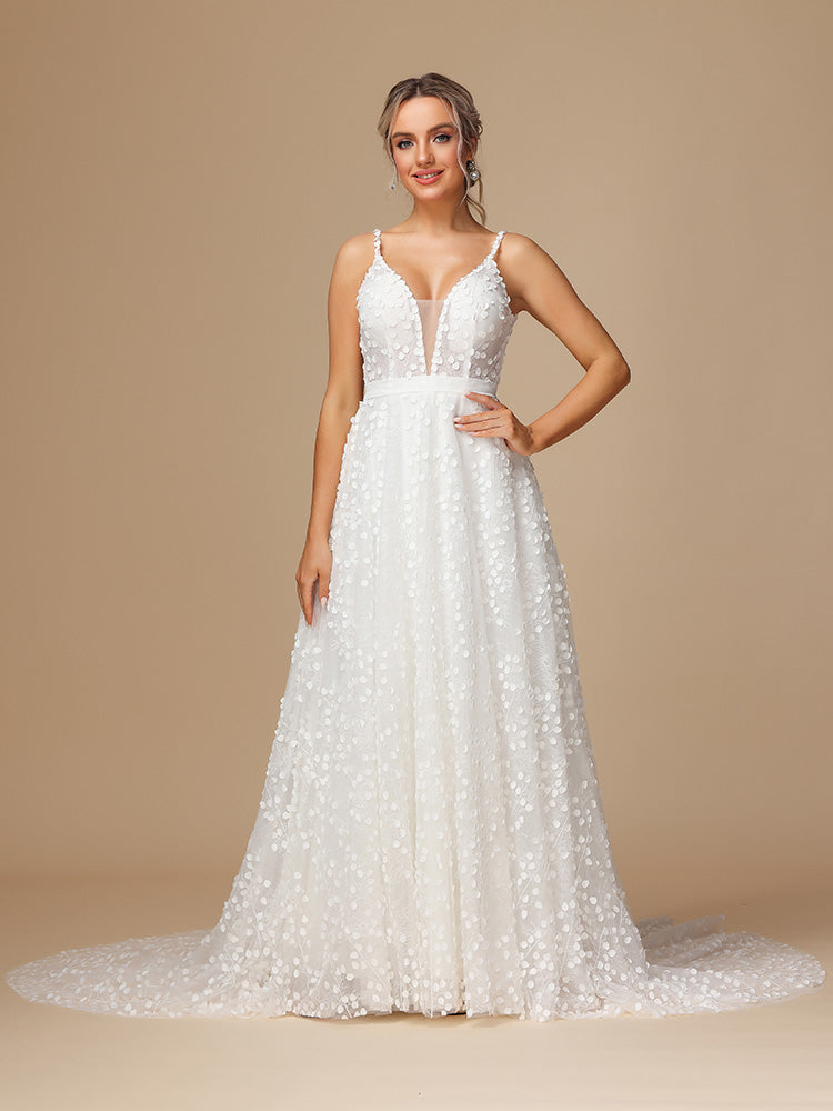 Spaghetti Strap V Neck Backless Lace Wedding Dress