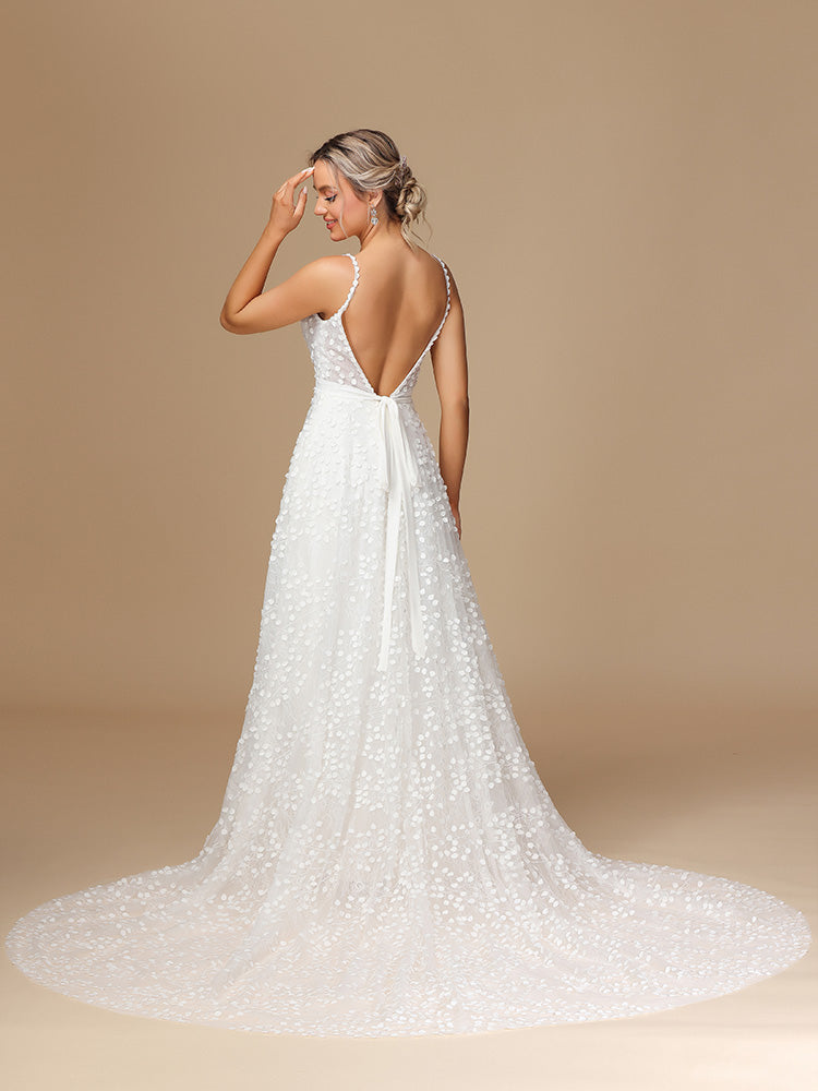 Spaghetti Strap V Neck Backless Lace Wedding Dress