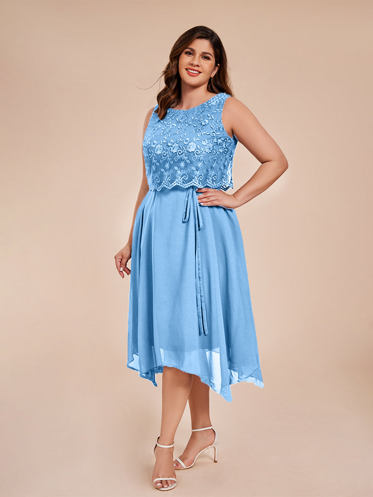 Classic Sleeveless Lace Overlay Chiffon Asymmetrical Mother of the Groom Dress