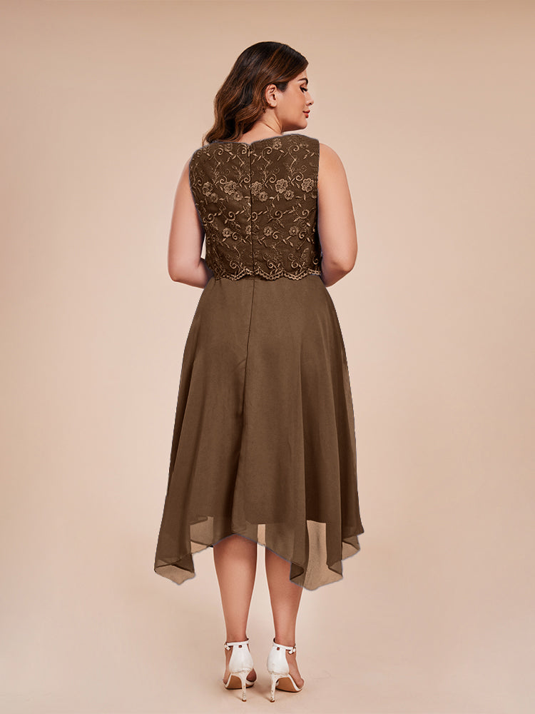 Classic Sleeveless Lace Overlay Chiffon Asymmetrical Mother of the Groom Dress