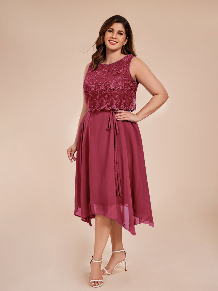 Classic Sleeveless Lace Overlay Chiffon Asymmetrical Mother of the Groom Dress