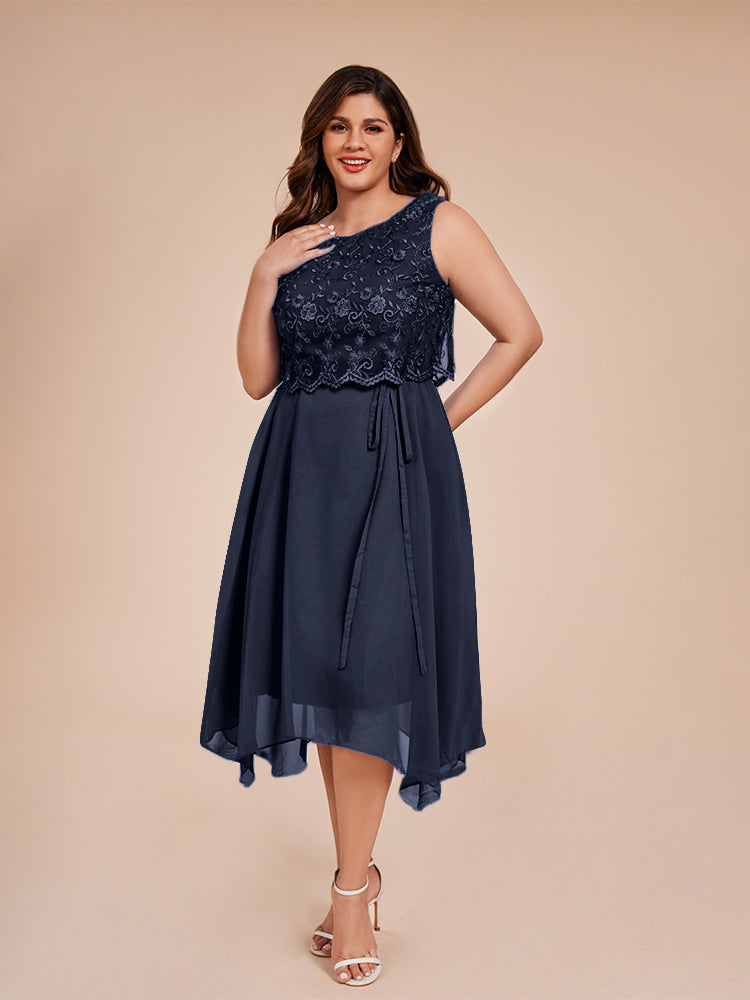 Classic Sleeveless Lace Overlay Chiffon Asymmetrical Mother of the Bride Dress, Dark_Navy Classic Sleeveless Lace Overlay Chiffon Asymmetrical Mother of the Bride Dress, Dark_Navy