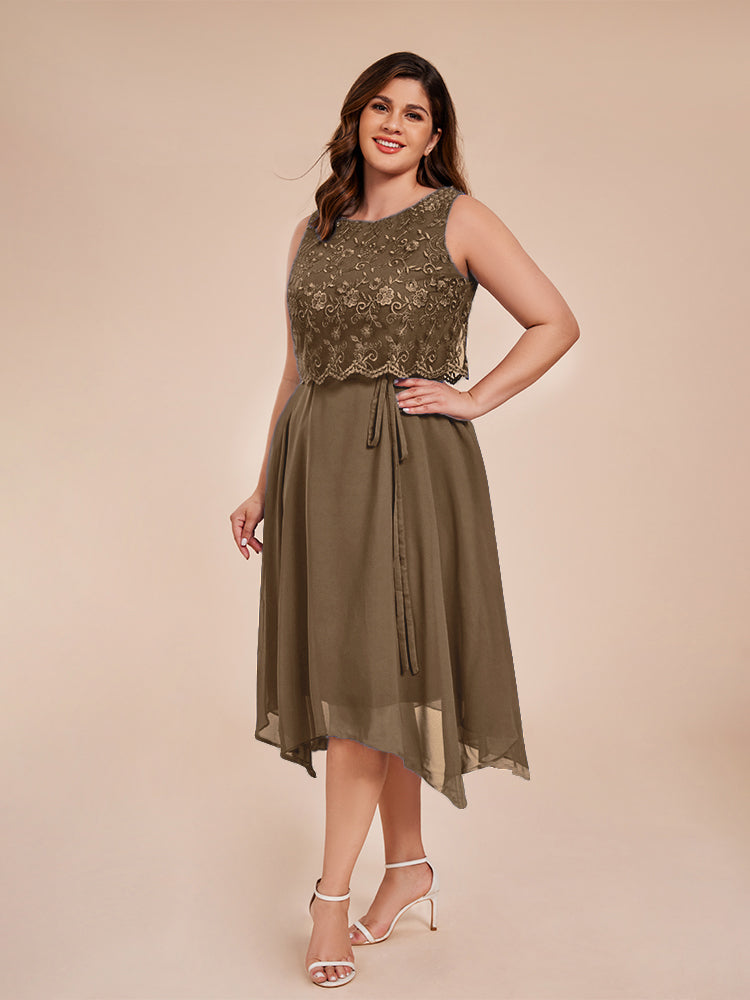 Classic Sleeveless Lace Overlay Chiffon Asymmetrical Mother of the Groom Dress